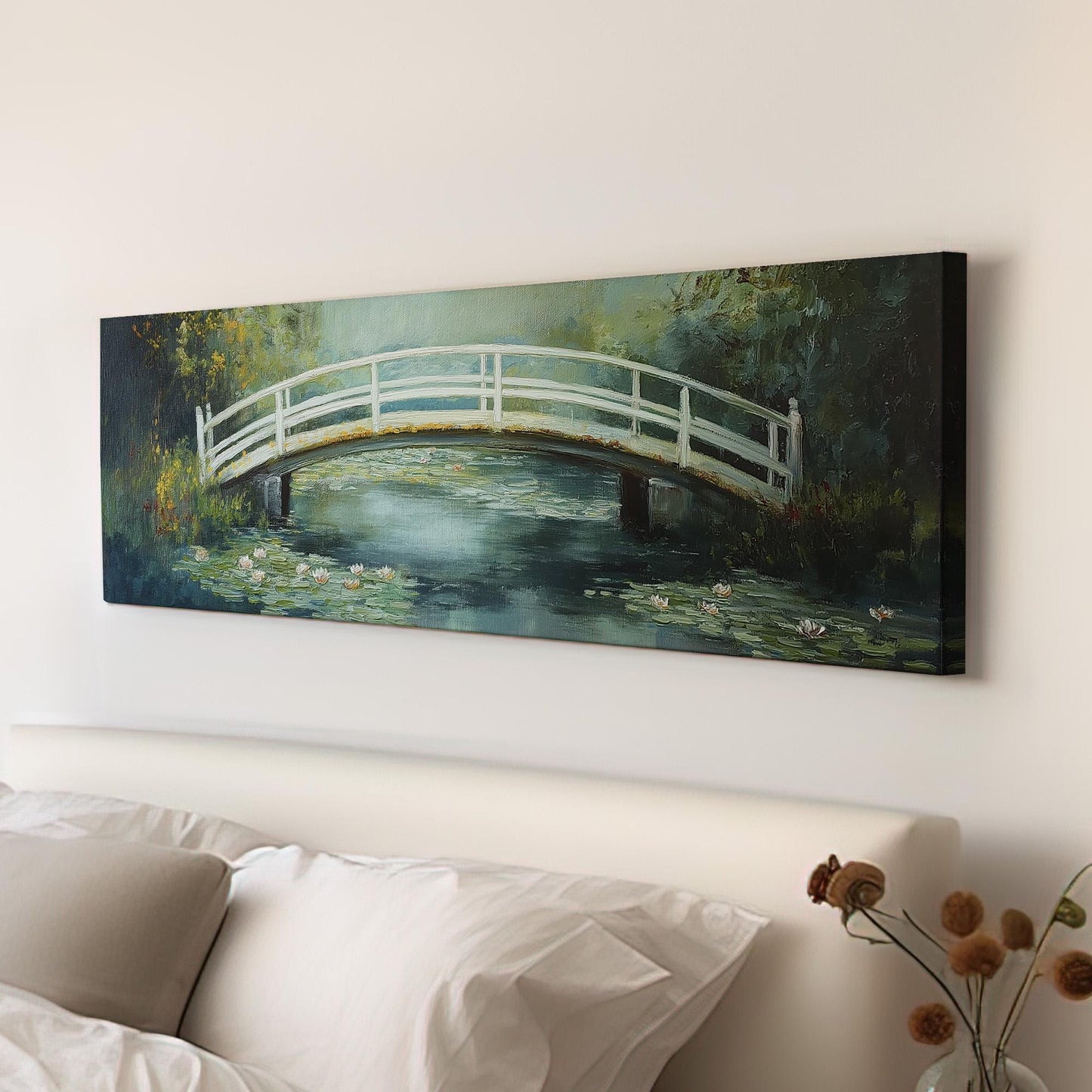 White Bridge On The Lake Panoramic Wall Art Lake Scene, Panorama Quiet Pond Canvas Print, Tranquil Decor Canvas Art