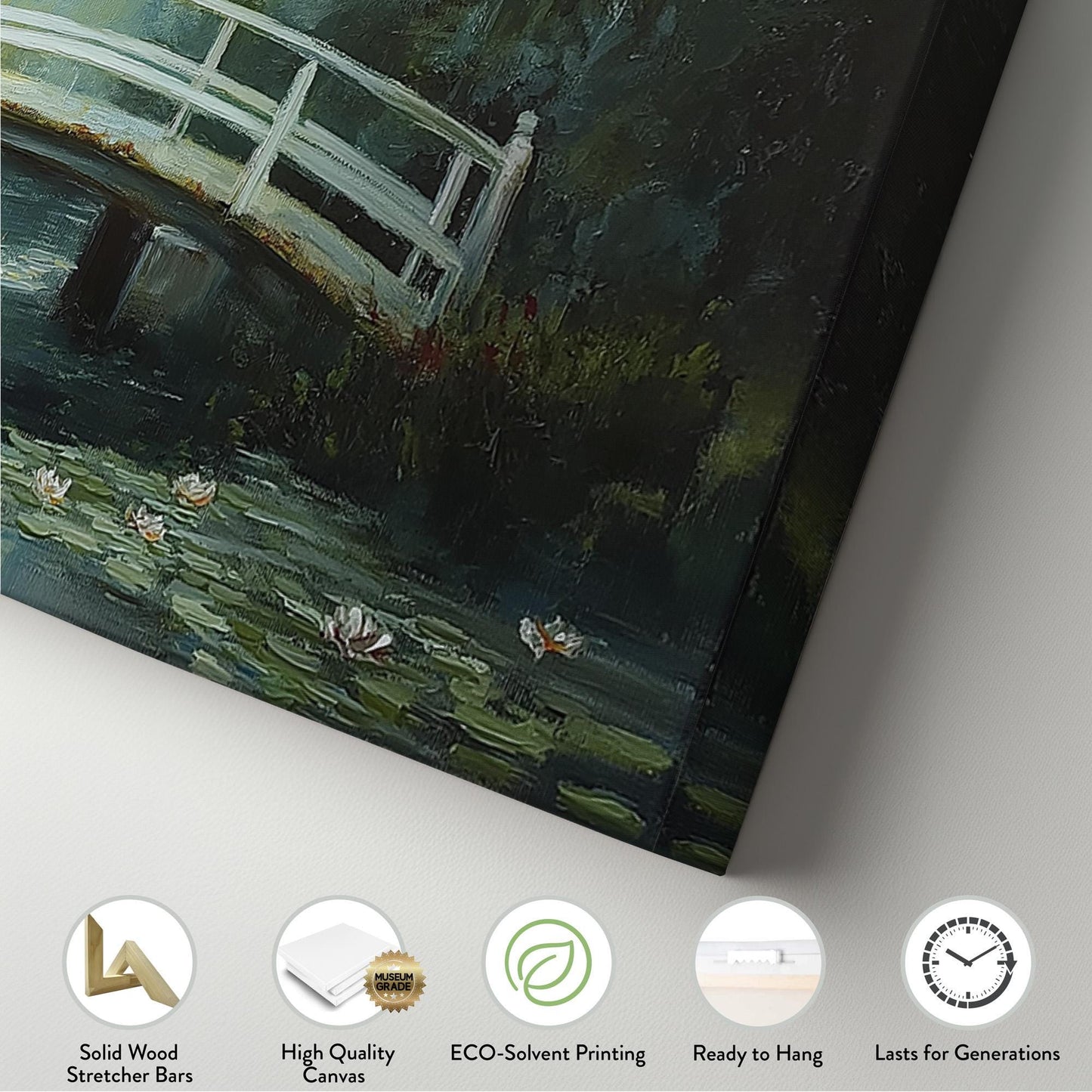 White Bridge On The Lake Panoramic Wall Art Lake Scene, Panorama Quiet Pond Canvas Print, Tranquil Decor Canvas Art
