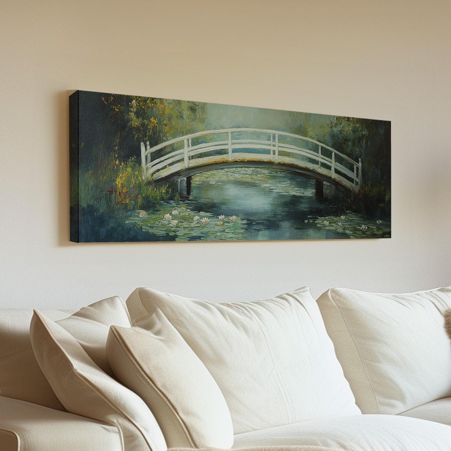 White Bridge On The Lake Panoramic Wall Art Lake Scene, Panorama Quiet Pond Canvas Print, Tranquil Decor Canvas Art
