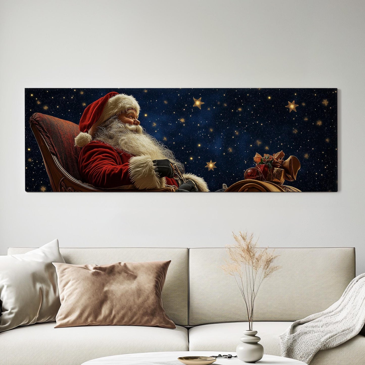 Santa Sleigh Panoramic Wall Art Christmas, Panorama Winter Canvas Print, Farmhouse Decor Canvas Art