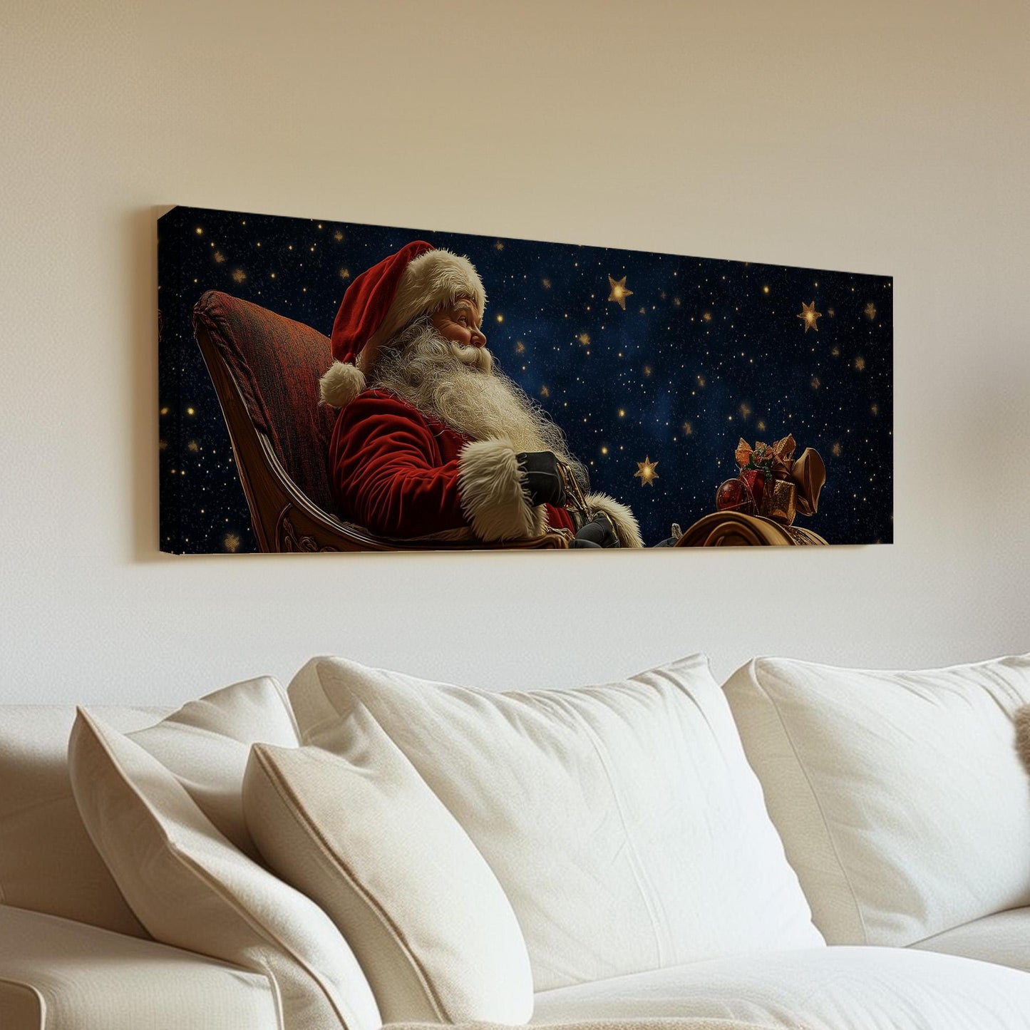 Santa Sleigh Panoramic Wall Art Christmas, Panorama Winter Canvas Print, Farmhouse Decor Canvas Art