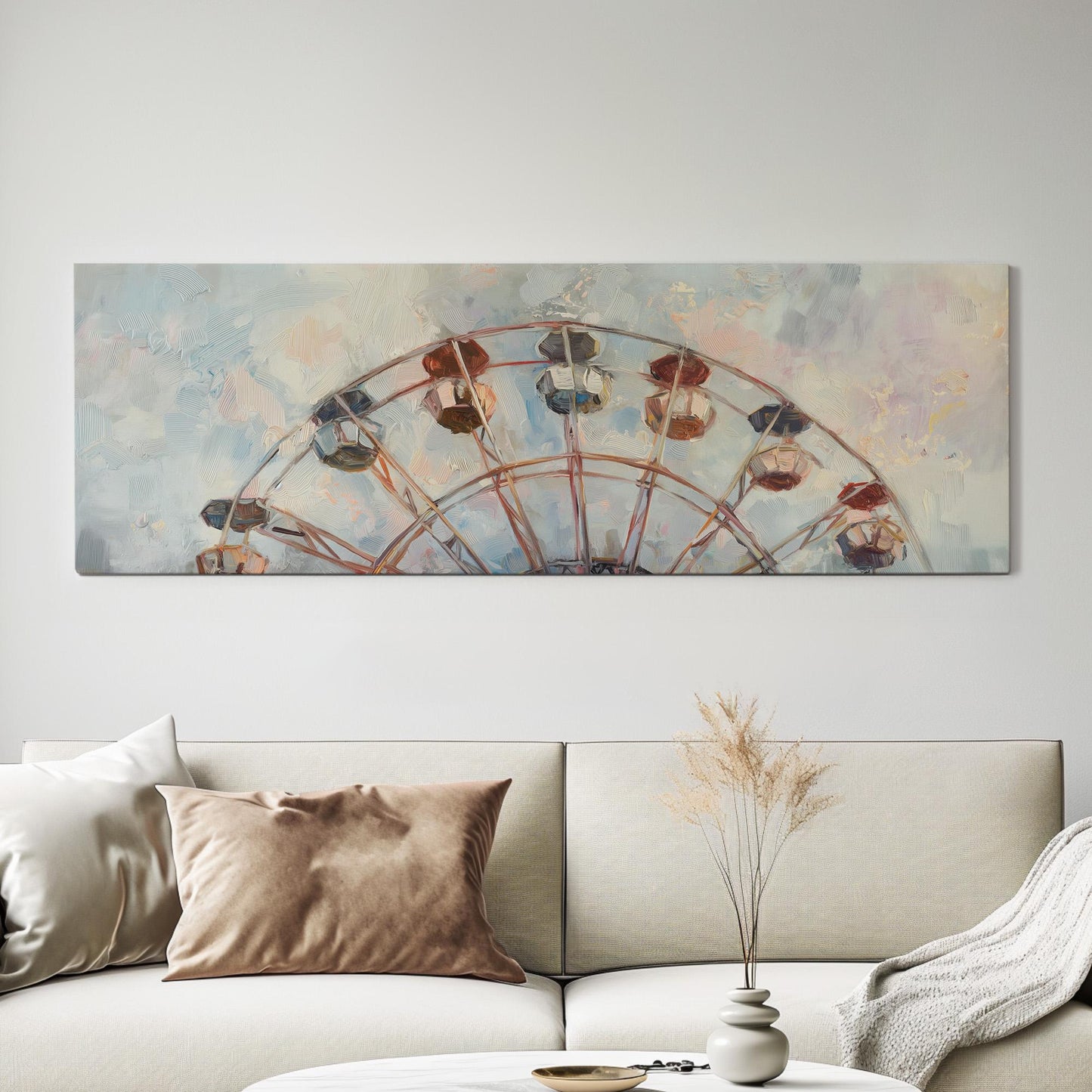 Ferris Wheel Muted Oil Panoramic Wall Art Whimsical, Panorama Amusement Park Canvas Print, Rustic Americana Decor Canvas Art