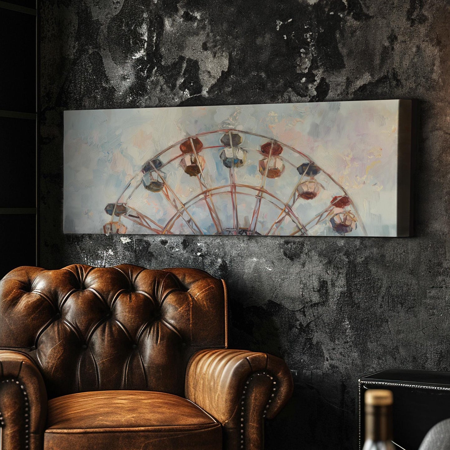 Ferris Wheel Muted Oil Panoramic Wall Art Whimsical, Panorama Amusement Park Canvas Print, Rustic Americana Decor Canvas Art