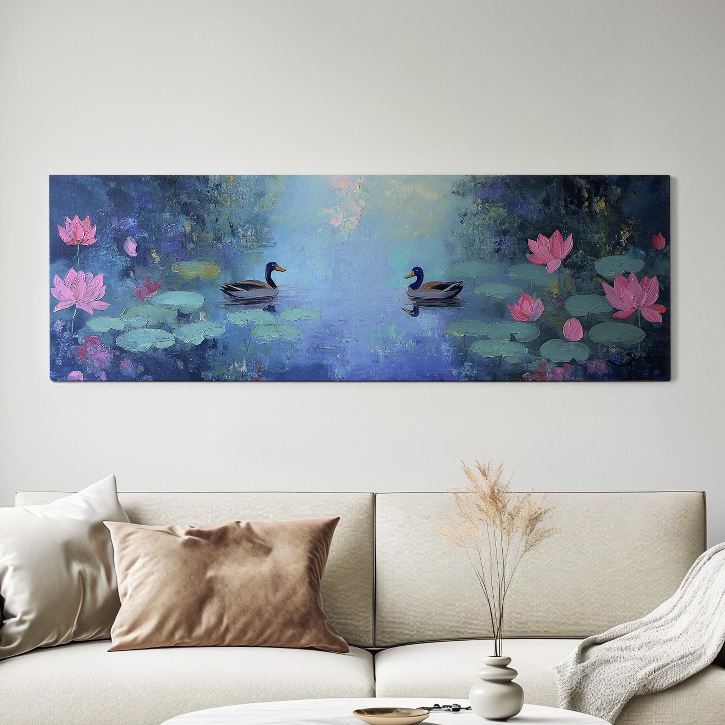 Ducks at the Lotus Lake Panoramic Wall Art Lake Scene, Panorama Quiet Pond Canvas Print, Tranquil Decor Canvas Art