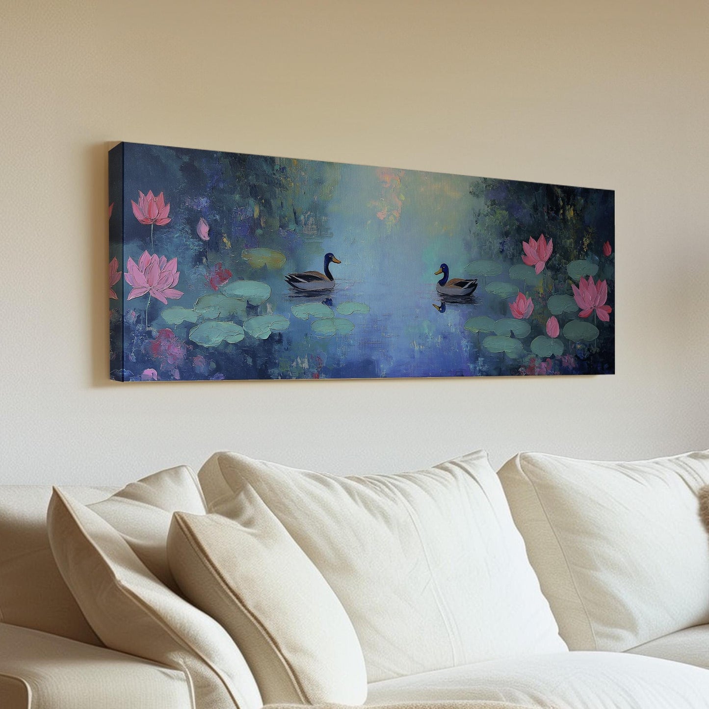 Ducks at the Lotus Lake Panoramic Wall Art Lake Scene, Panorama Quiet Pond Canvas Print, Tranquil Decor Canvas Art