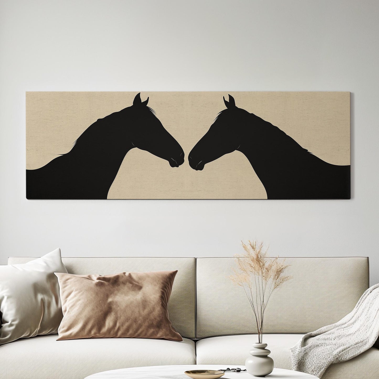 Cute Horse Couple Panoramic Wall Art Farmhouse, Panorama Animal Canvas Print, Horse Farm Decor Canvas Art