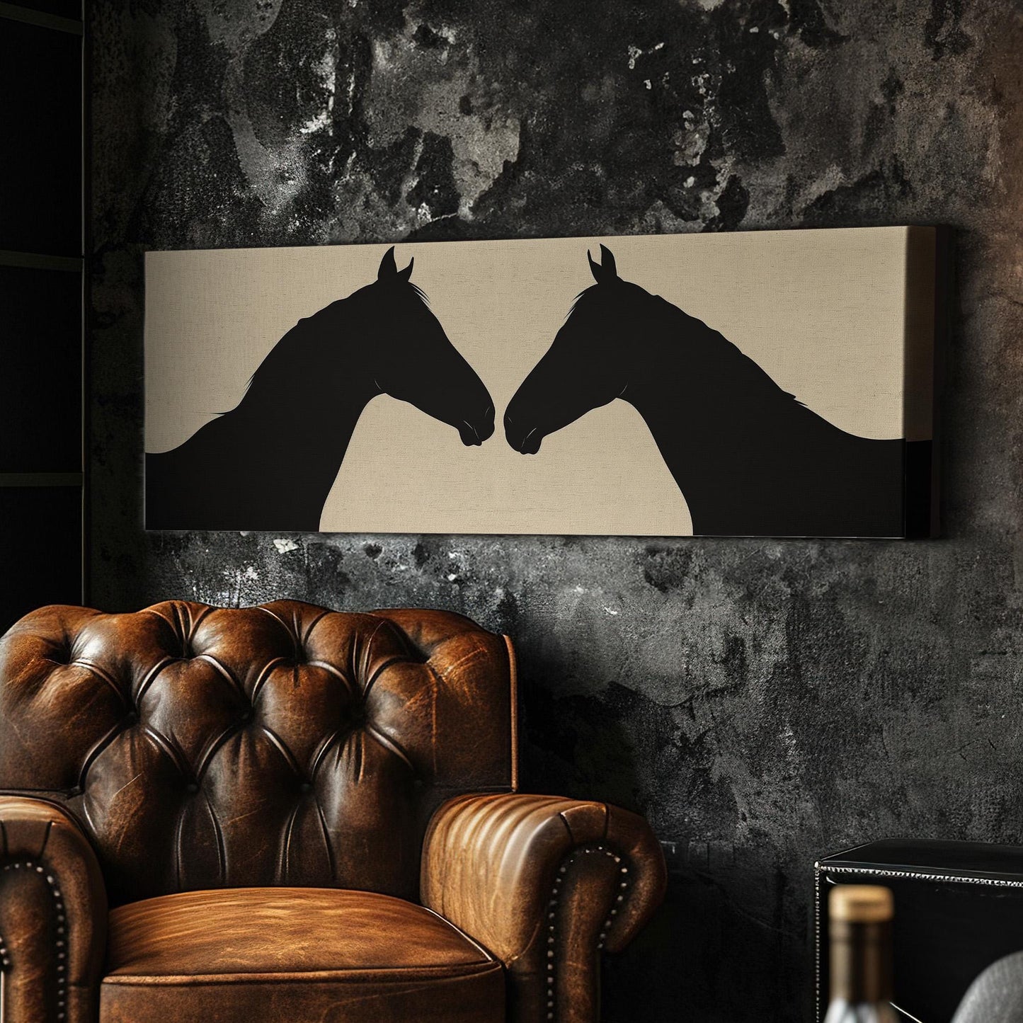 Cute Horse Couple Panoramic Wall Art Farmhouse, Panorama Animal Canvas Print, Horse Farm Decor Canvas Art
