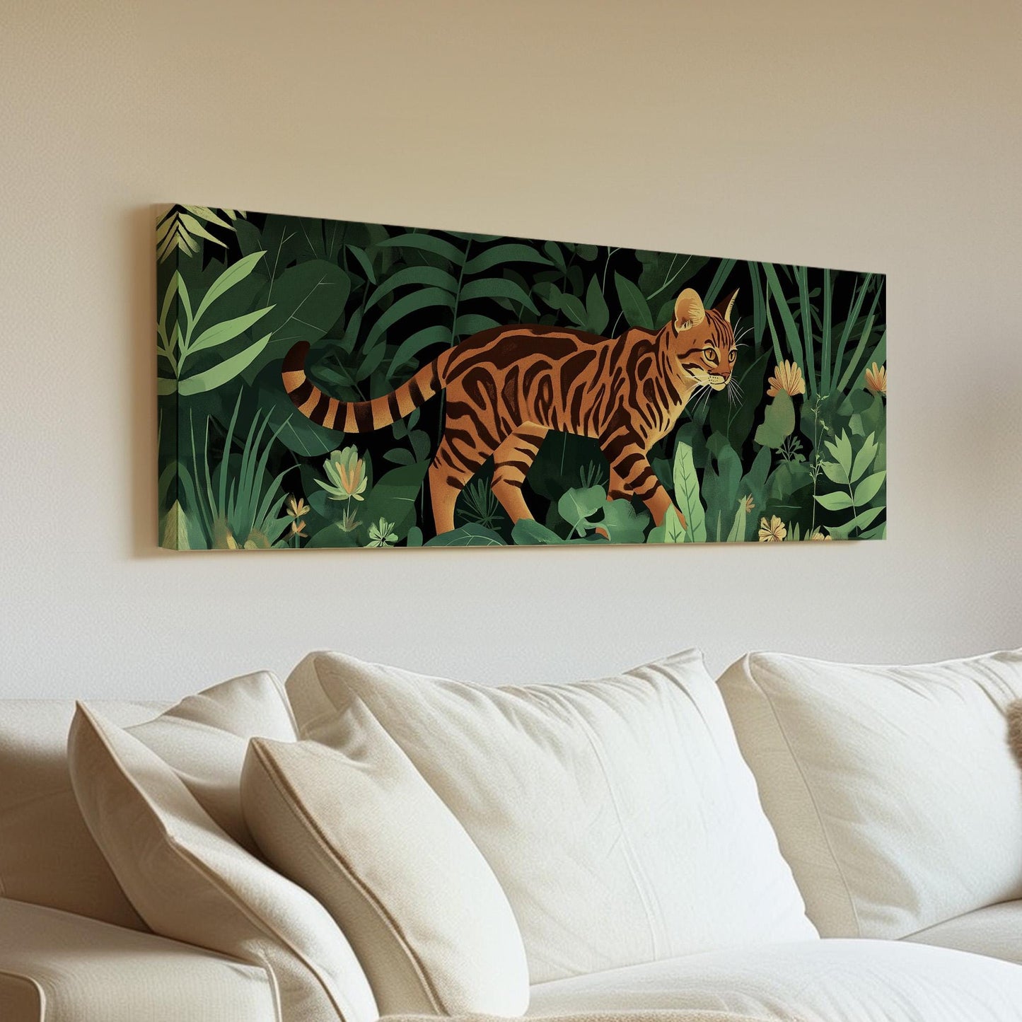 Cute Bengal Cat In The Woods Panoramic Wall Art Pet, Panorama Adorable Canvas Print, Minimal Decor Canvas Art