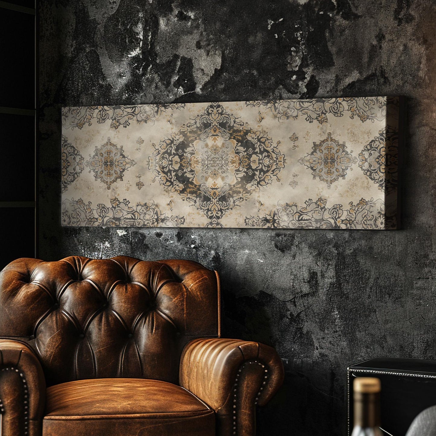 Beige Tapestry Panoramic Wall Art for Above Bed, Panorama Moroccan Canvas Print, Boho Textile Decor Canvas Art