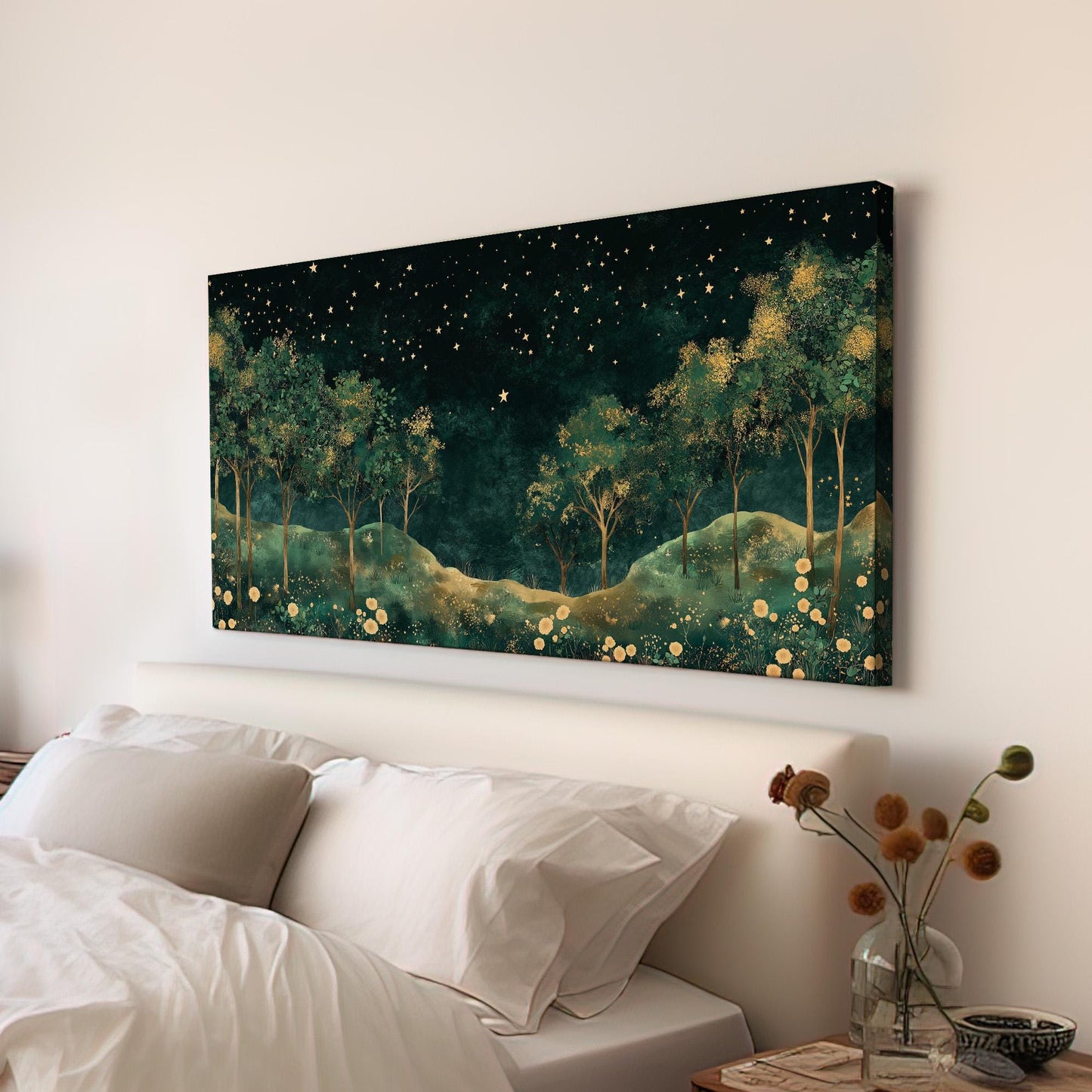 Starry Night In The Forest Canvas Wall Art For Living Room, Landscape Golden Landscape Canvas Print, Rustic Country Large Canvas Art