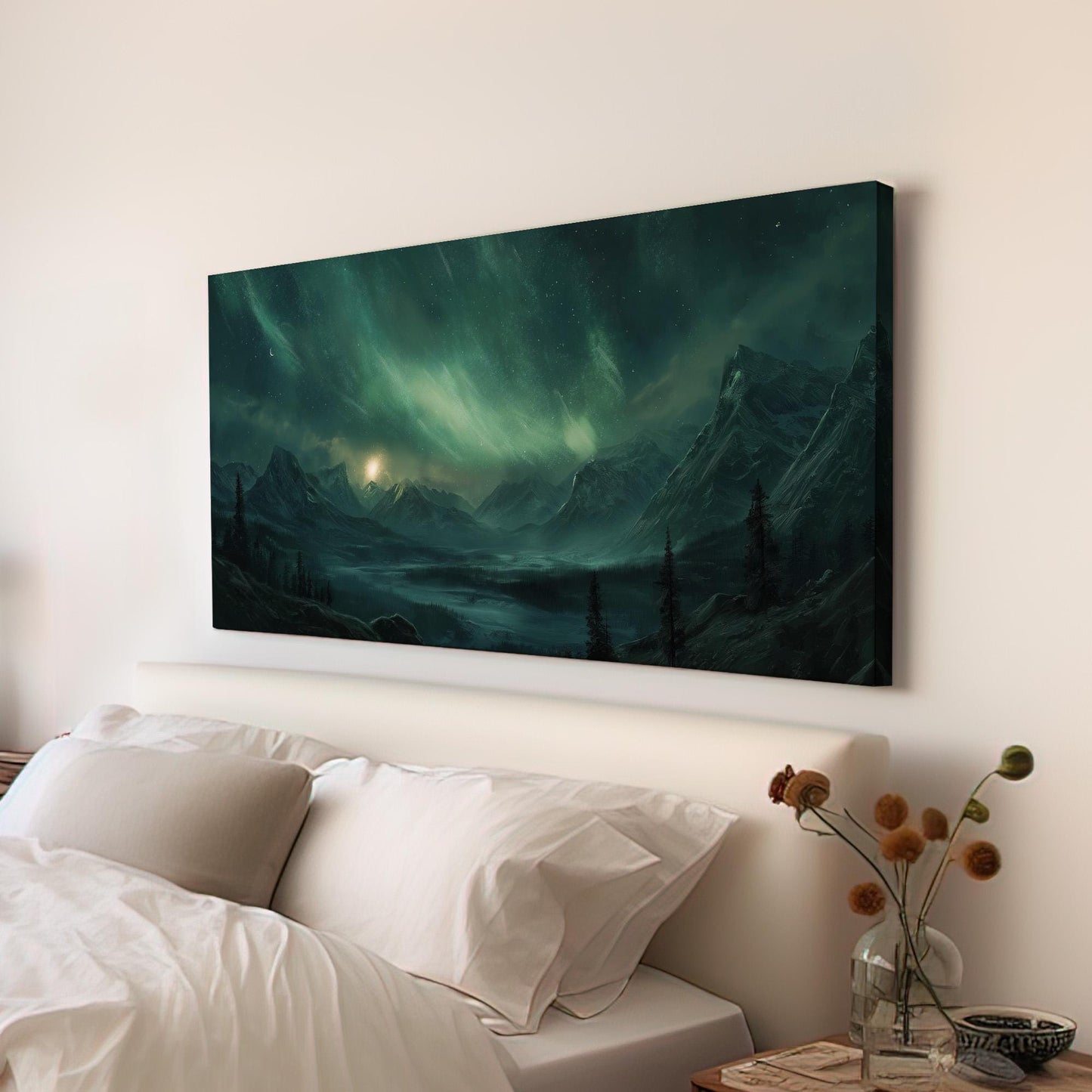 Snowy Mountains Canvas Wall Art For Living Room, Landscape Starry Sky Canvas Print, Aurora Borealis Large Canvas Art