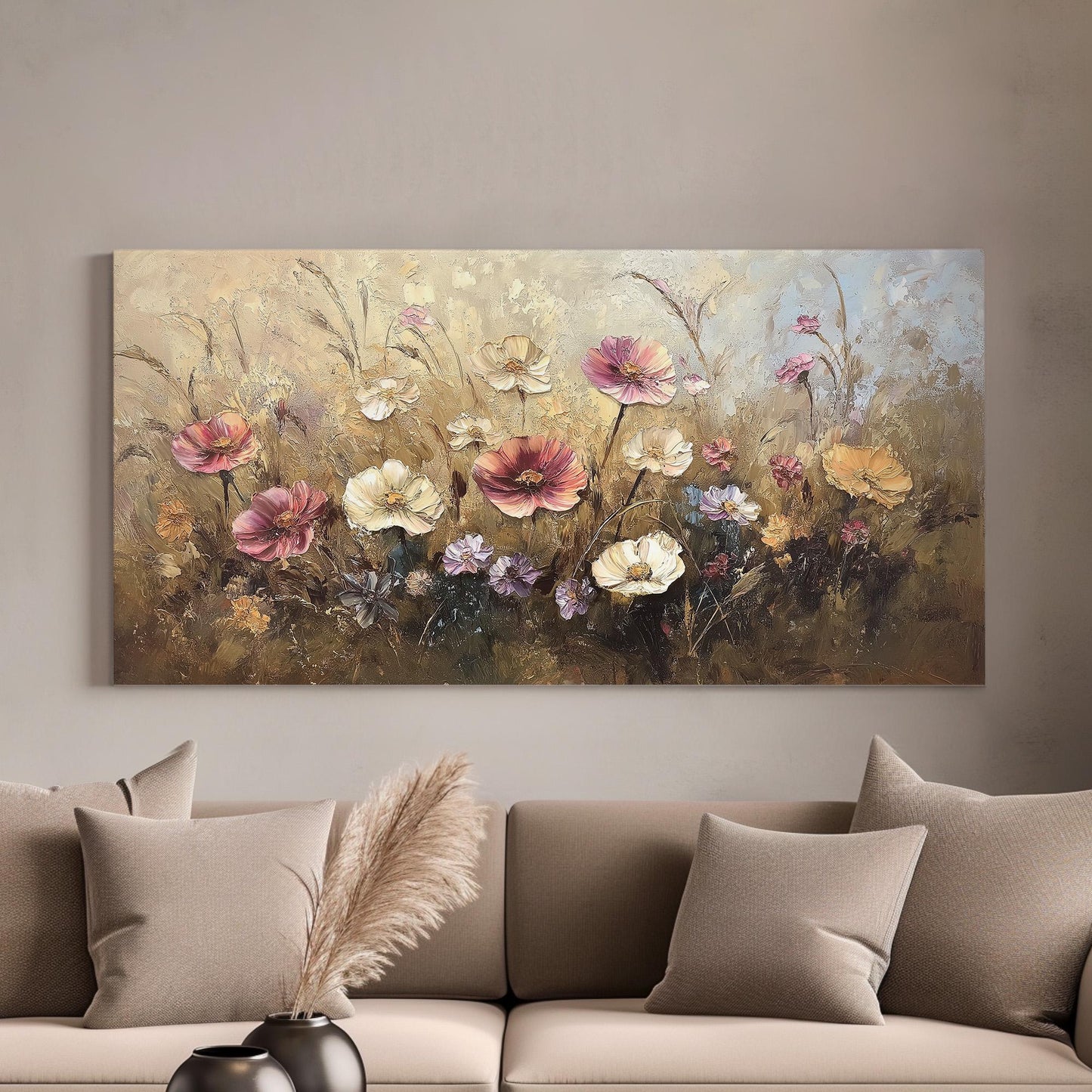 Rustic Wildflowers Canvas Wall Art For Living Room, Landscape Wildflower Meadow Canvas Print, Vintage Large Canvas Art