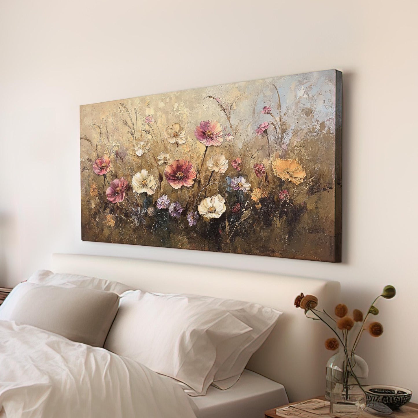 Rustic Wildflowers Canvas Wall Art For Living Room, Landscape Wildflower Meadow Canvas Print, Vintage Large Canvas Art