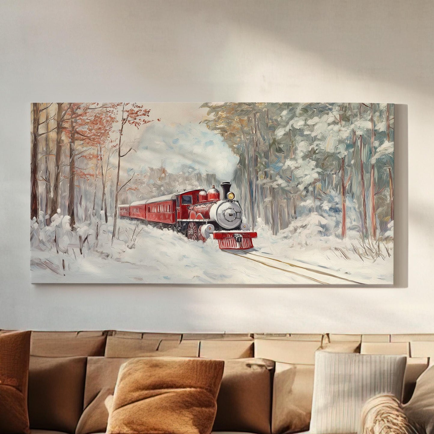 Red Train In Winter Snow Canvas Wall Art For Living Room, Landscape Railroad Canvas Print, Vintage Large Canvas Art
