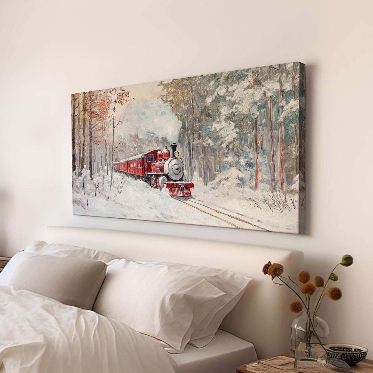 Red Train In Winter Snow Canvas Wall Art For Living Room, Landscape Railroad Canvas Print, Vintage Large Canvas Art