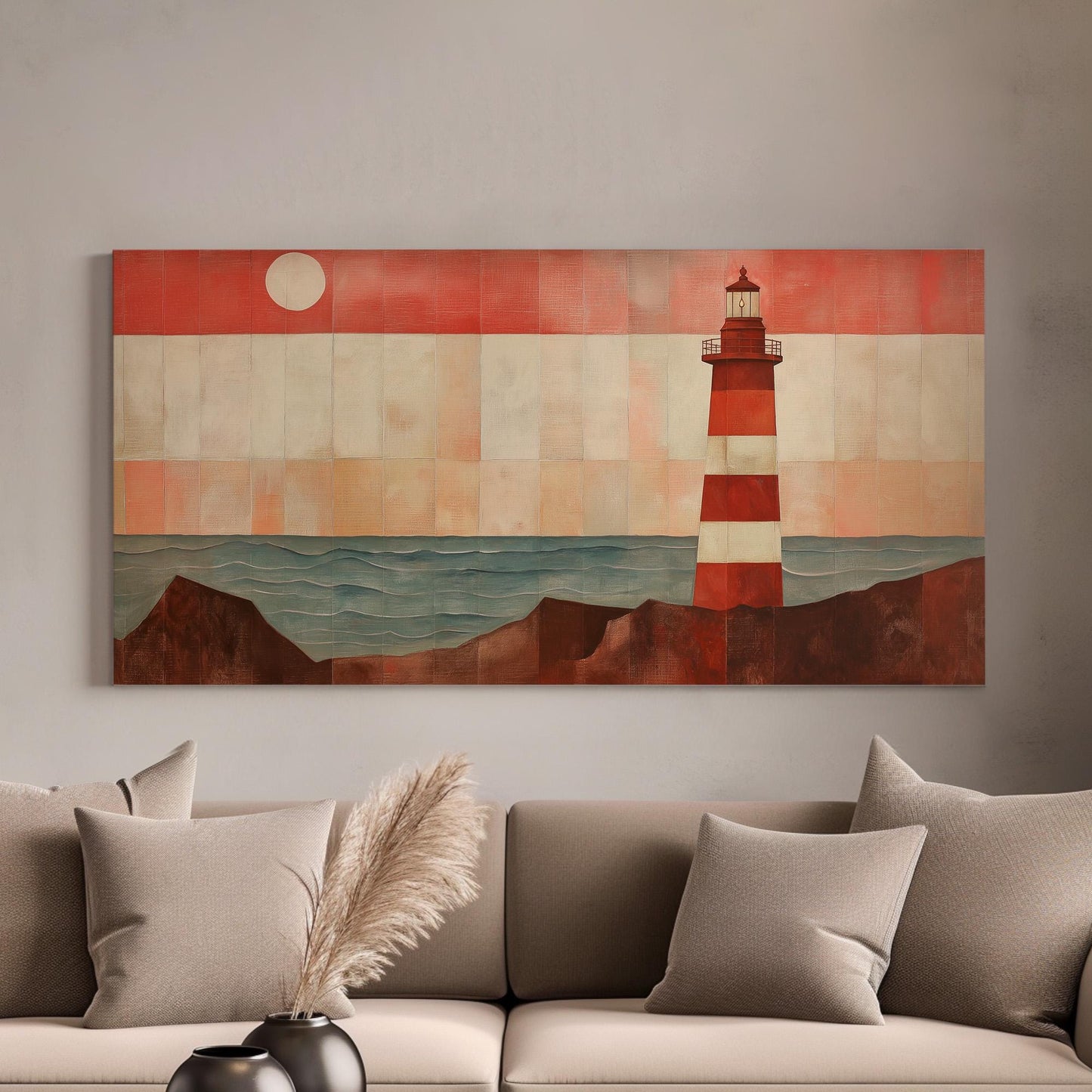 Red Lighthouse By The Ocean Canvas Wall Art For Living Room, Landscape Boathouse Canvas Print, Sea Coast Large Canvas Art
