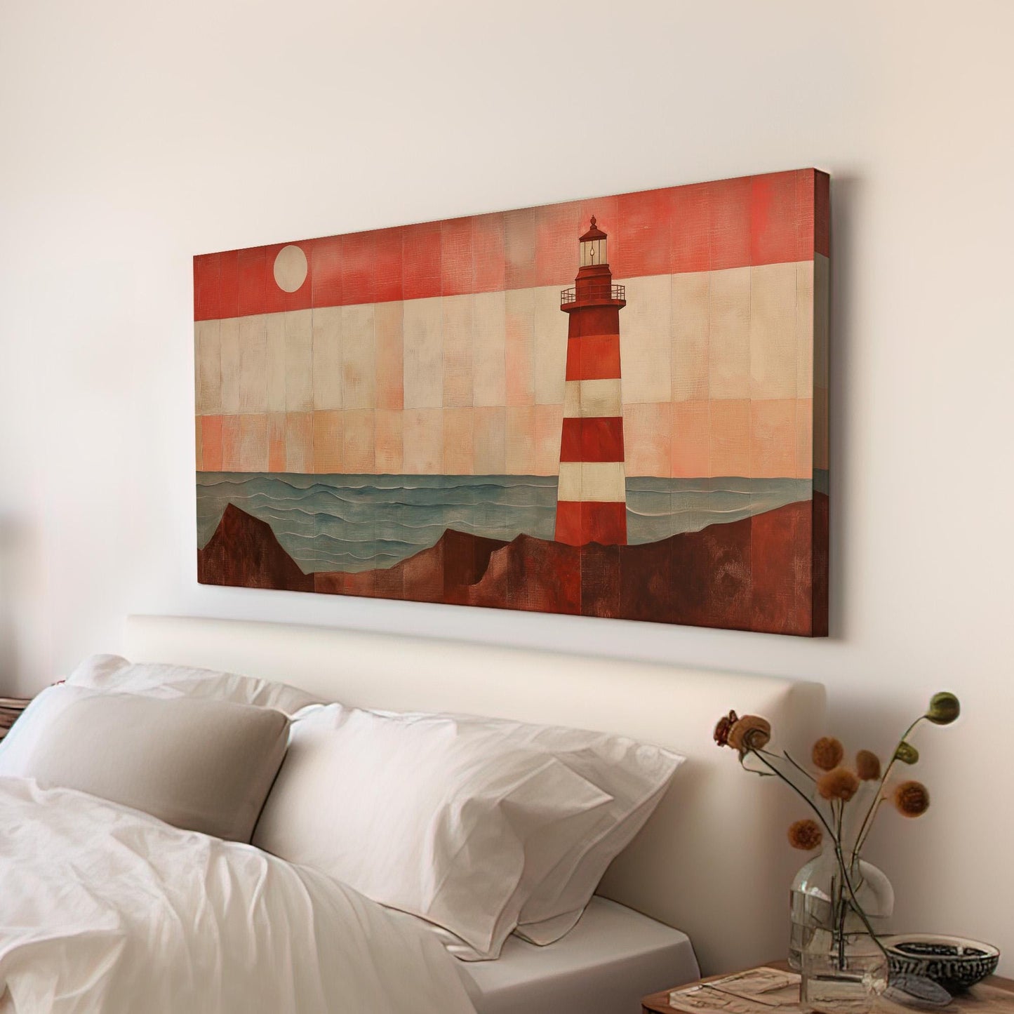 Red Lighthouse By The Ocean Canvas Wall Art For Living Room, Landscape Boathouse Canvas Print, Sea Coast Large Canvas Art