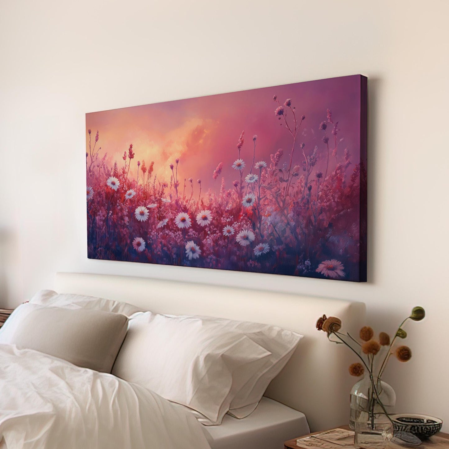 Pink Wildflower Meadow Canvas Wall Art For Living Room, Landscape Wildflower Field Canvas Print, Vintage Large Canvas Art