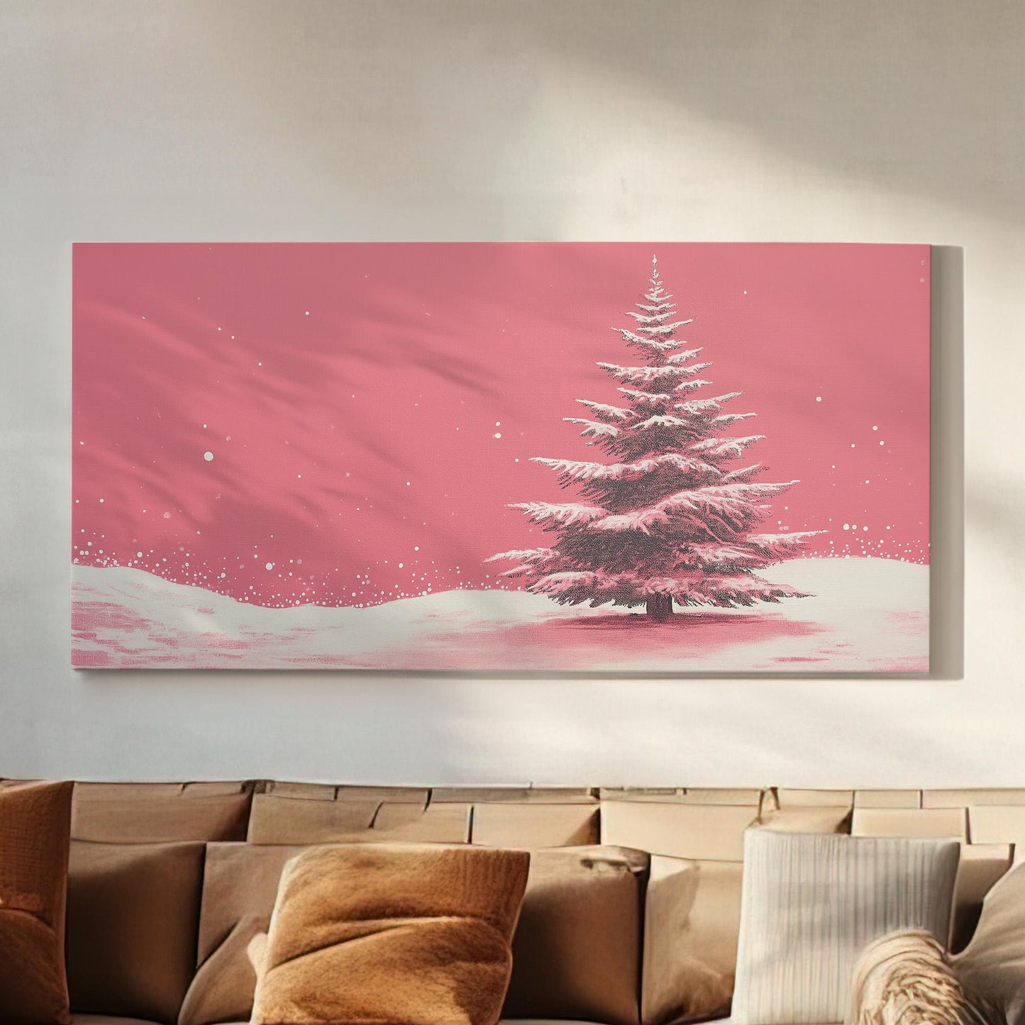 Pink Christmas Tree Canvas Wall Art For Living Room, Landscape Winter Canvas Print, Farmhouse Large Canvas Art