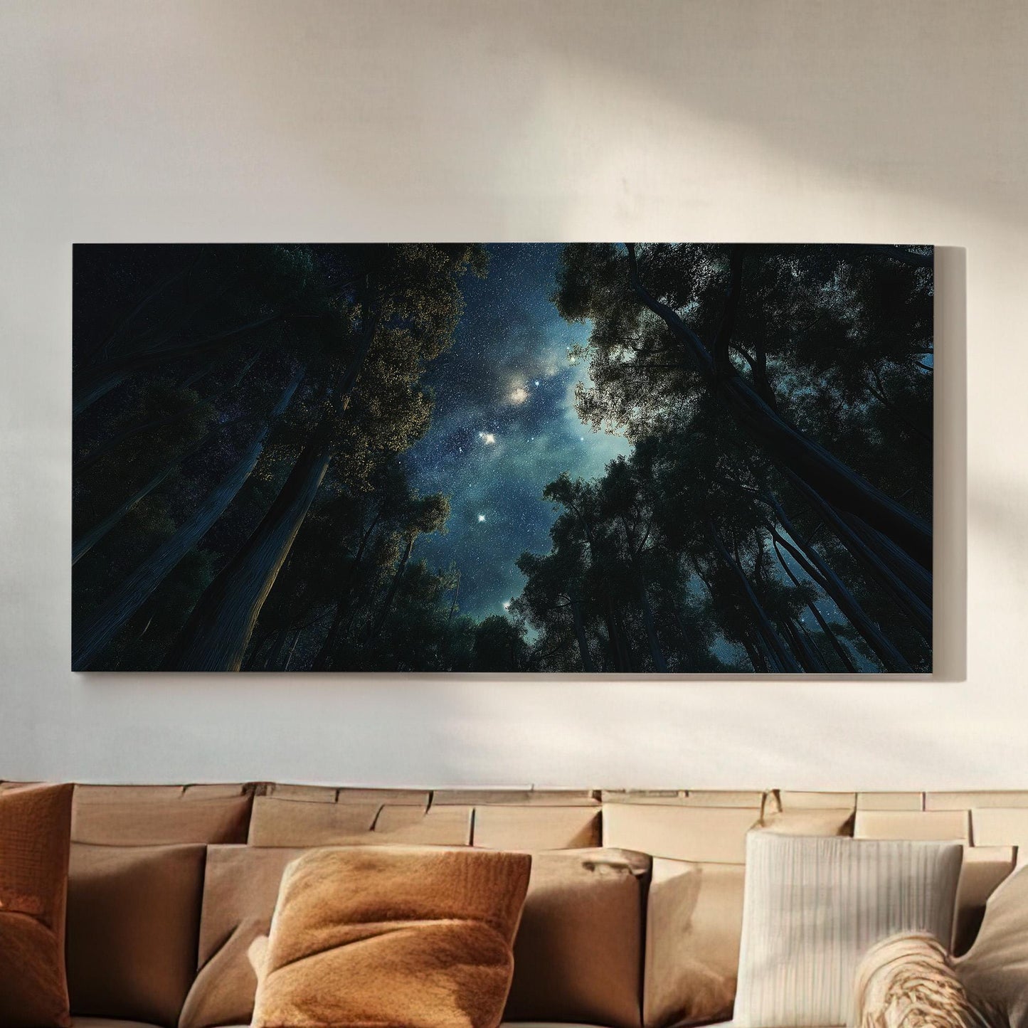 Night In The Forest Canvas Wall Art For Living Room, Landscape Starry Sky Canvas Print, Aurora Borealis Large Canvas Art