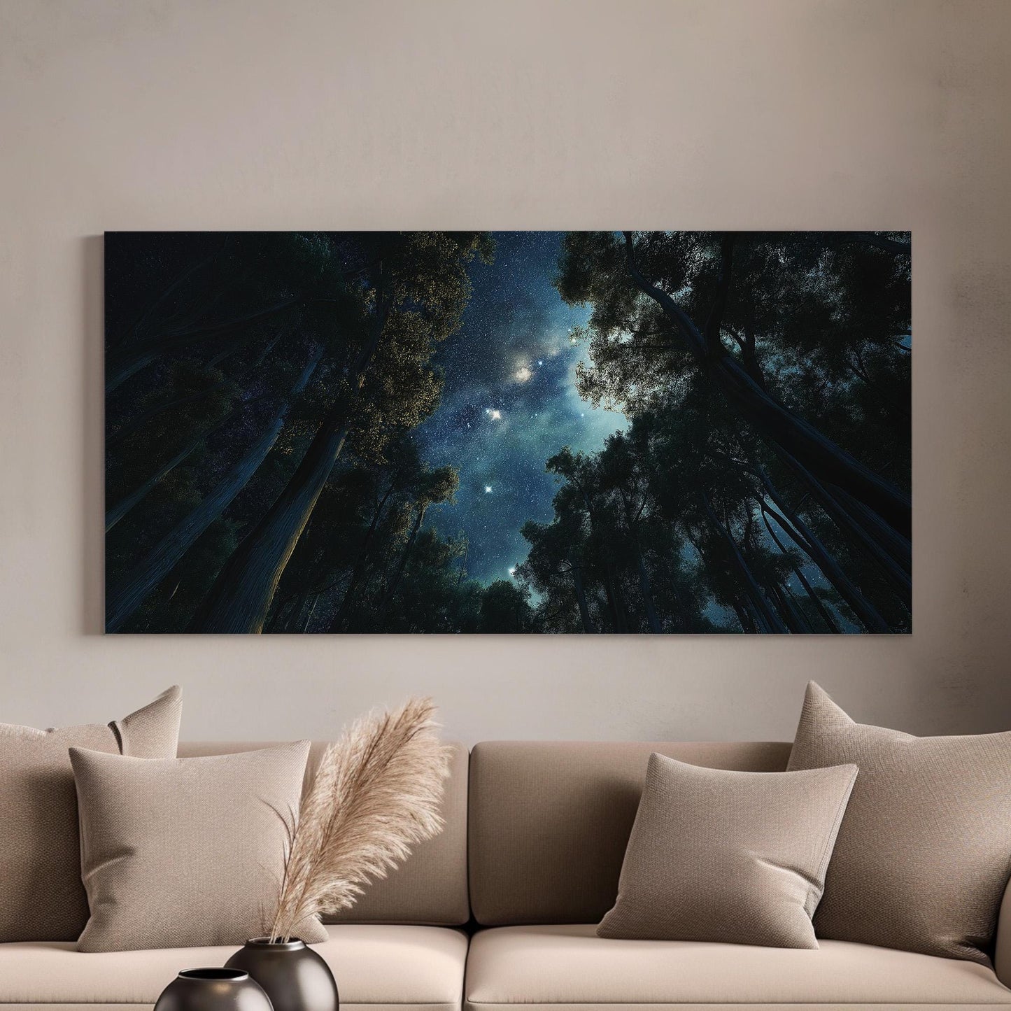Night In The Forest Canvas Wall Art For Living Room, Landscape Starry Sky Canvas Print, Aurora Borealis Large Canvas Art