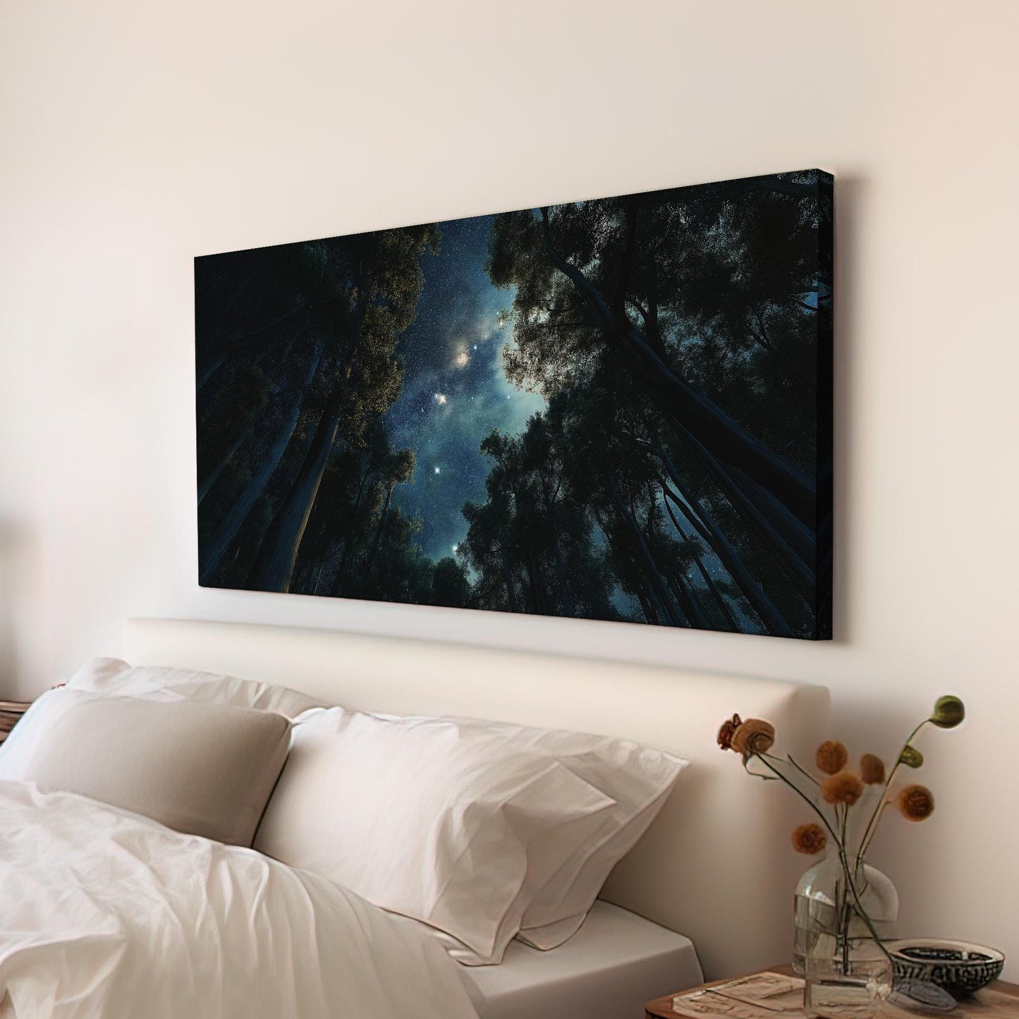 Night In The Forest Canvas Wall Art For Living Room, Landscape Starry Sky Canvas Print, Aurora Borealis Large Canvas Art