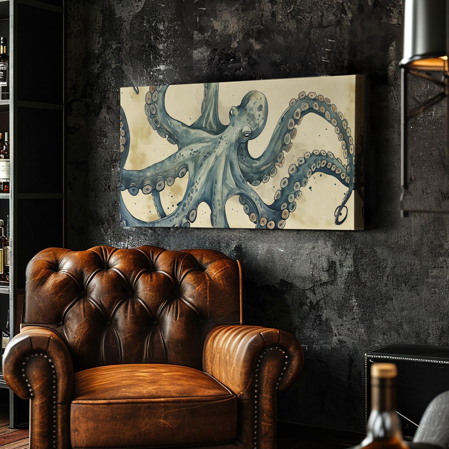 Moody Octopus Canvas Wall Art For Living Room, Landscape Nautical Canvas Print, Beach House Large Canvas Art
