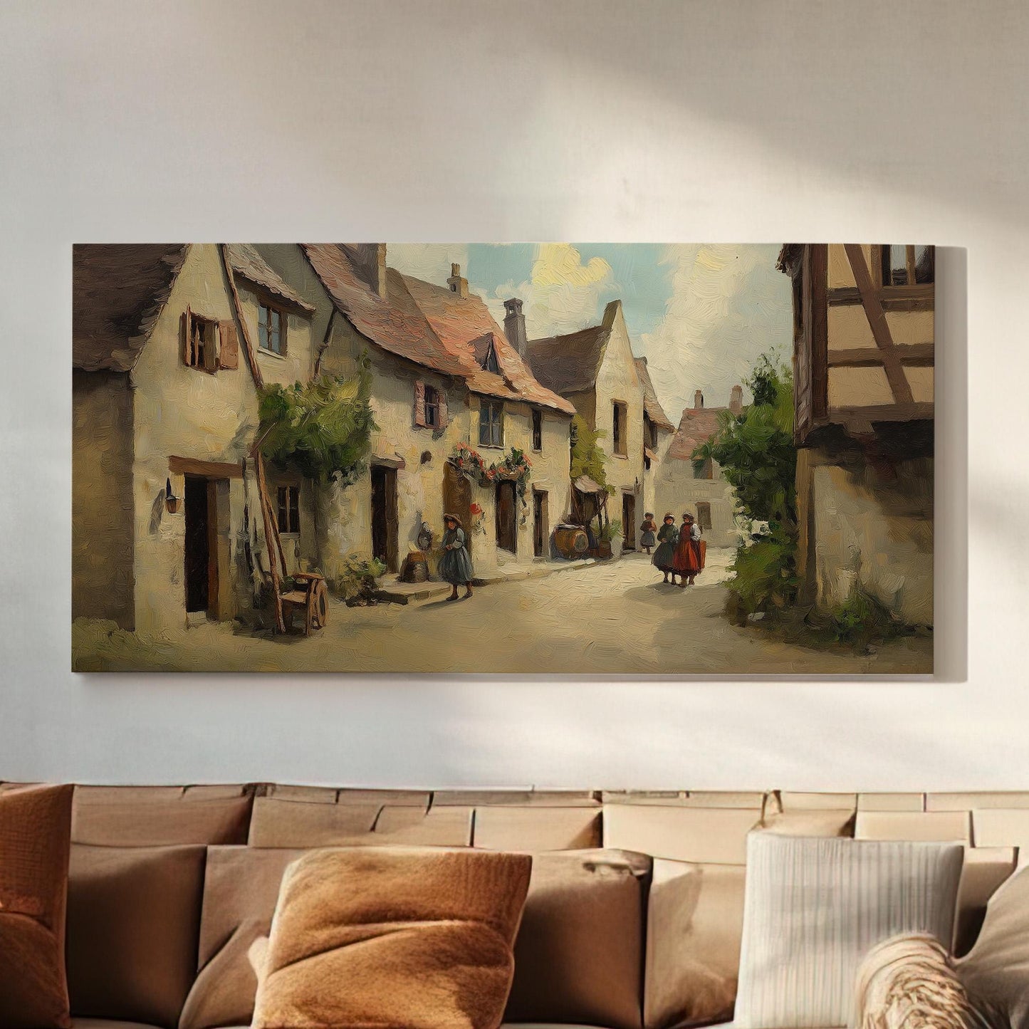 Medieval City Life Canvas Wall Art For Living Room, Landscape Dark Academia Canvas Print, Whimsical Large Canvas Art
