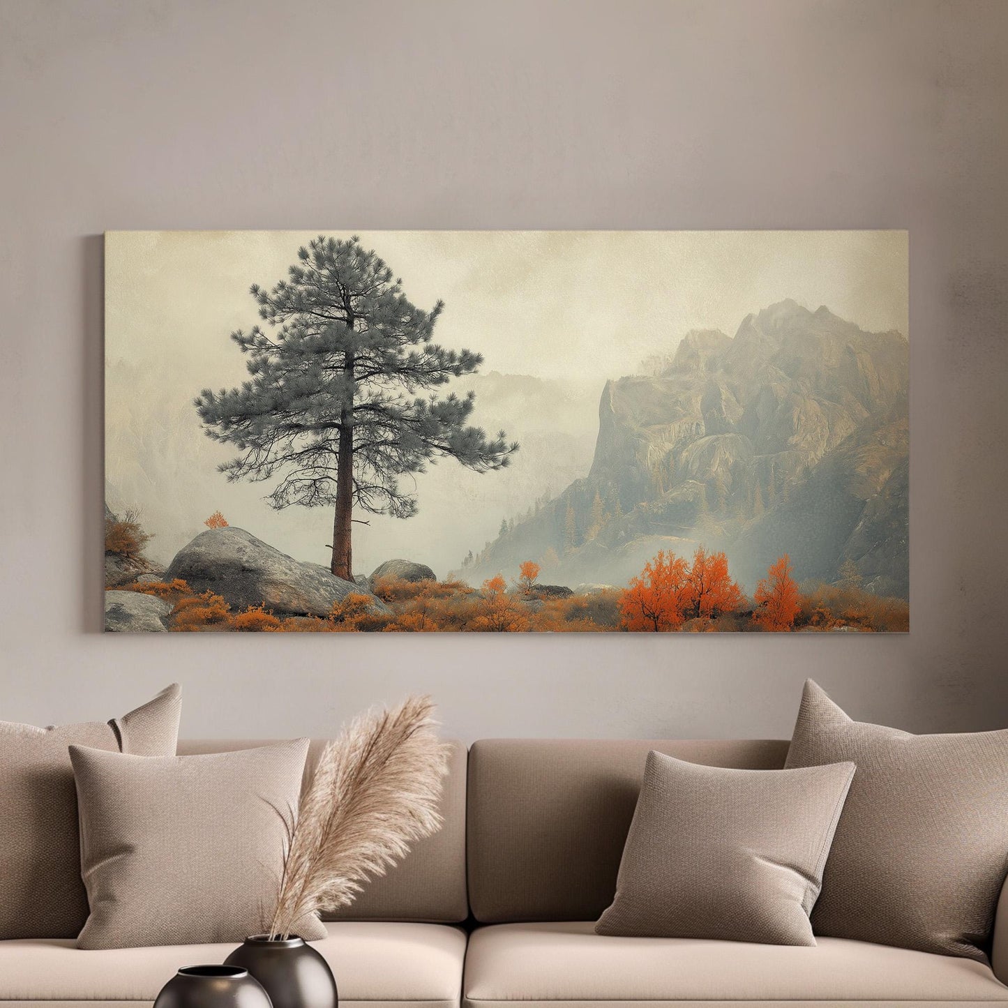 Lone Pine Tree At the Edge of the Mountain Canvas Wall Art For Living Room, Landscape Cozy Autumn Canvas Print, Rustic Fall Large Canvas Art