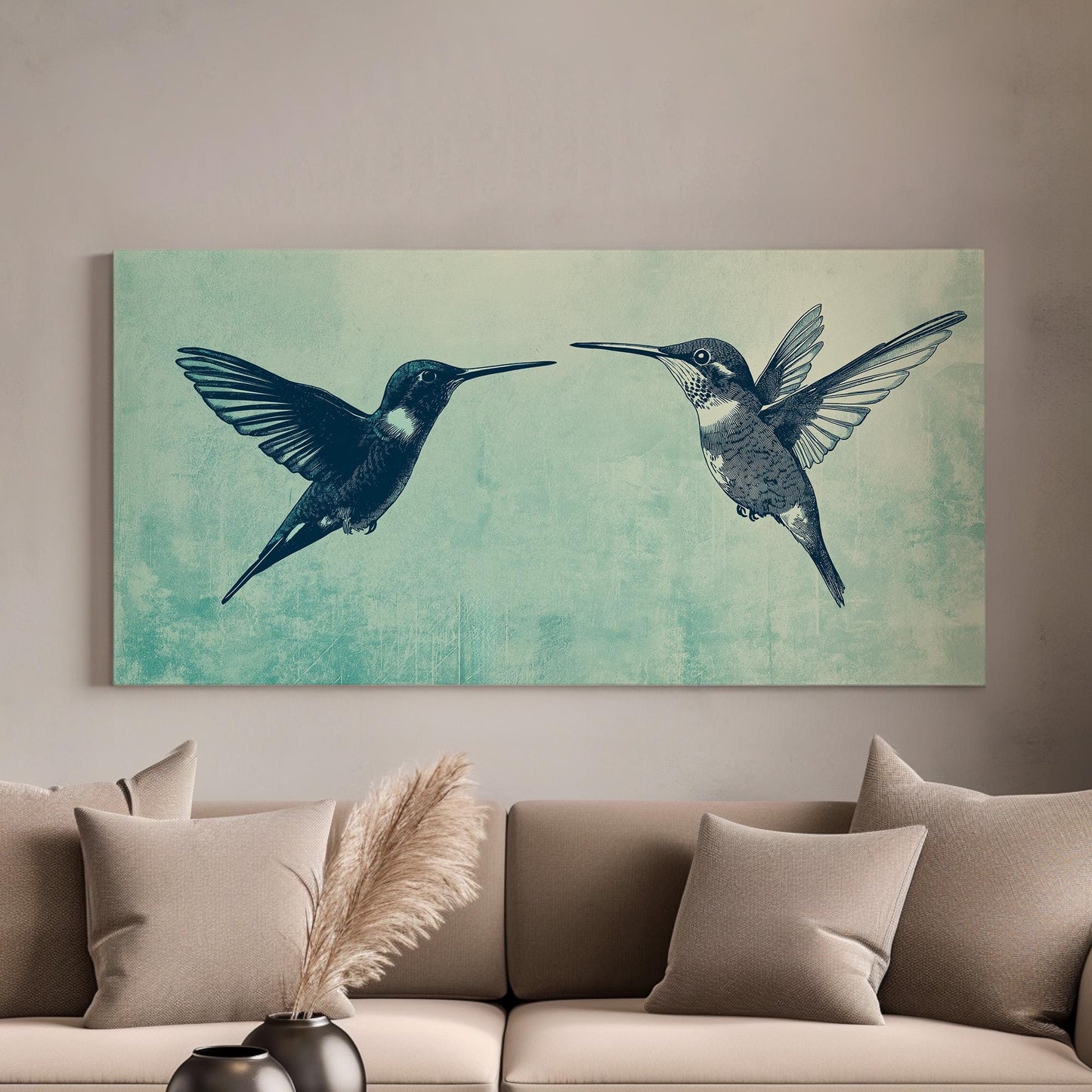 Hummingbird Couple Canvas Wall Art For Living Room, Landscape Elegant Canvas Print, Colibri Large Canvas Art