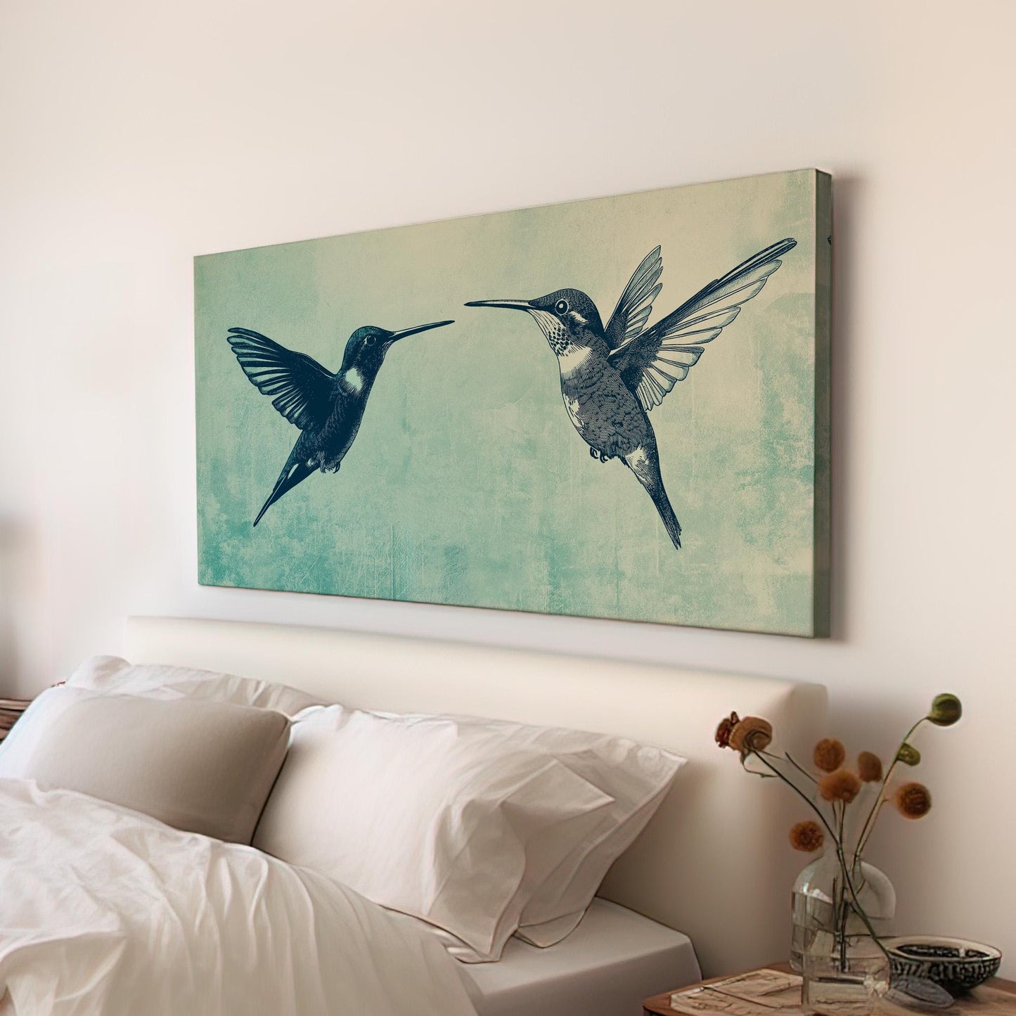 Hummingbird Couple Canvas Wall Art For Living Room, Landscape Elegant Canvas Print, Colibri Large Canvas Art