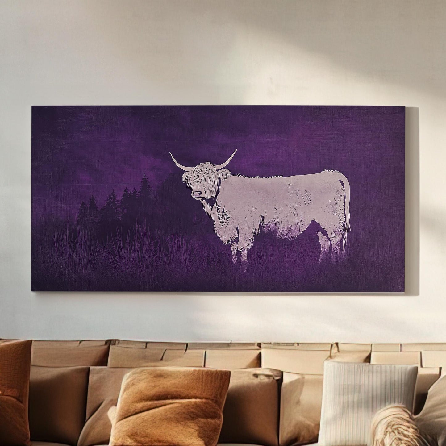 Highland Cow On The Purple Field Canvas Wall Art For Living Room, Landscape Boho Canvas Print, Rustic Large Canvas Art