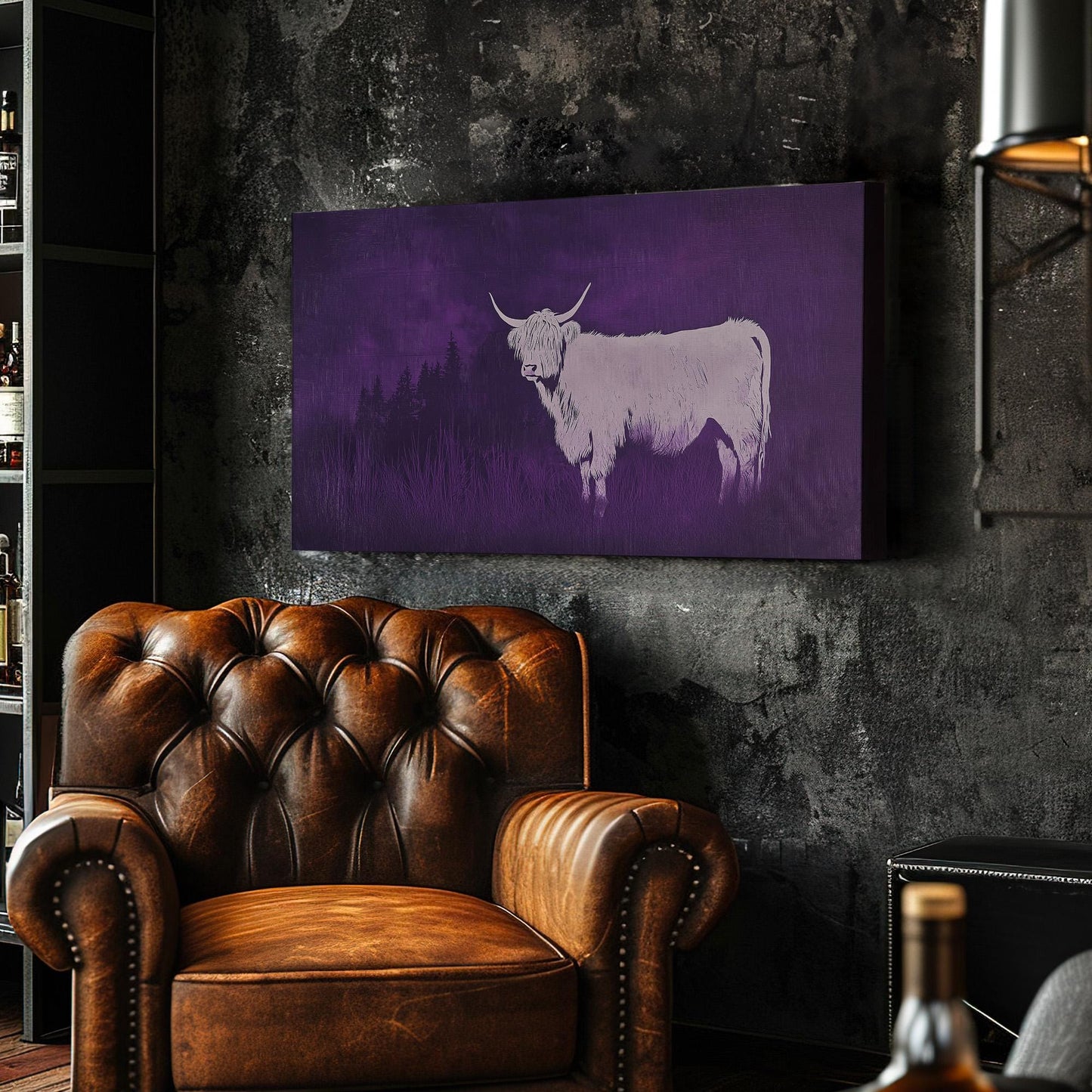 Highland Cow On The Purple Field Canvas Wall Art For Living Room, Landscape Boho Canvas Print, Rustic Large Canvas Art