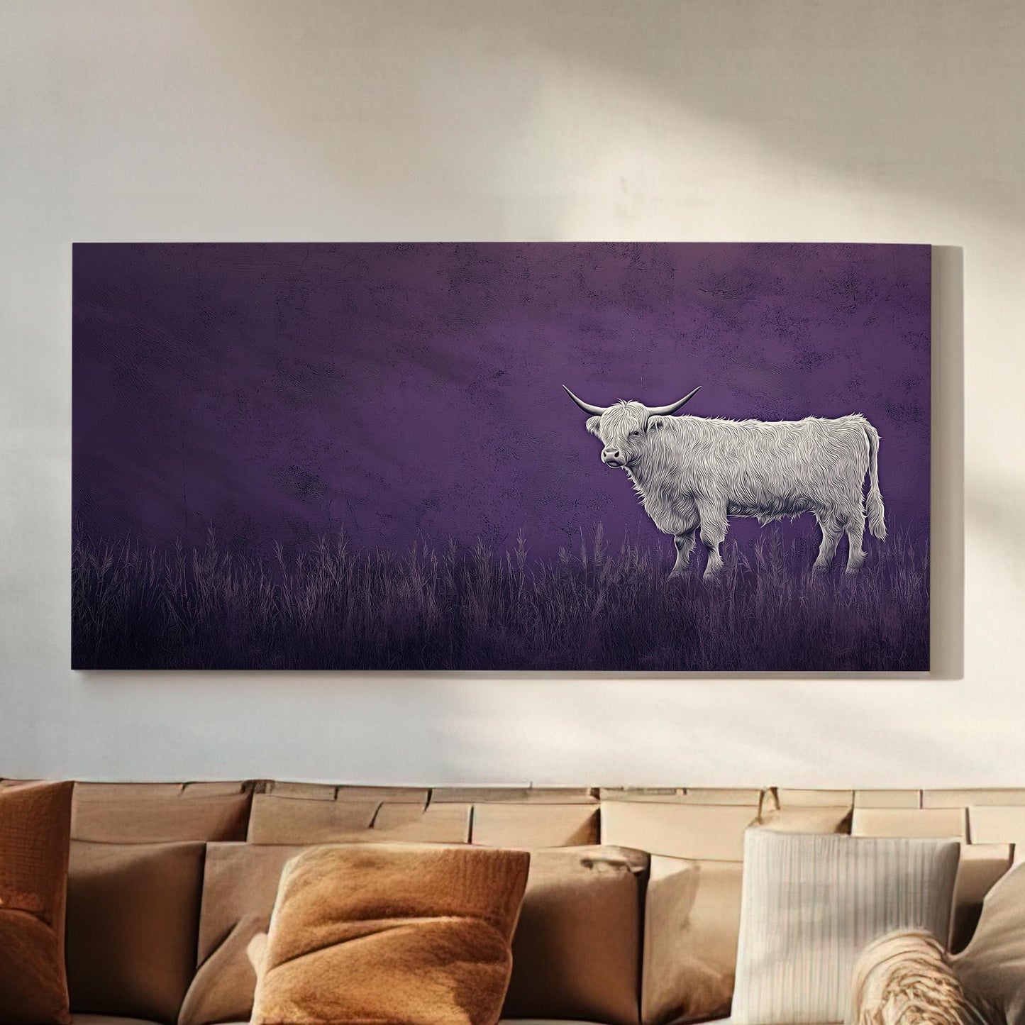 Highland Cow On The Field Canvas Wall Art For Living Room, Landscape Purple Canvas Print, Rustic Large Canvas Art