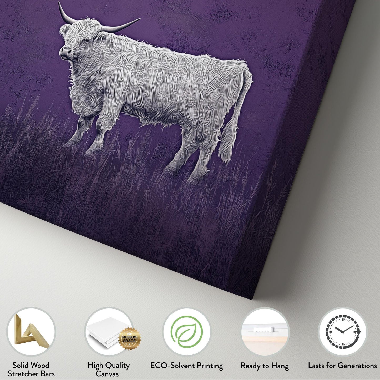 Highland Cow On The Field Canvas Wall Art For Living Room, Landscape Purple Canvas Print, Rustic Large Canvas Art