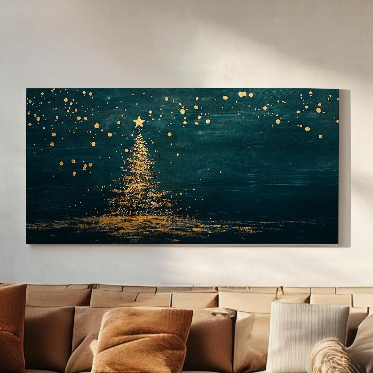 Gold Magical Christmas Tree Canvas Wall Art For Living Room, Landscape Winter Canvas Print, Farmhouse Large Canvas Art