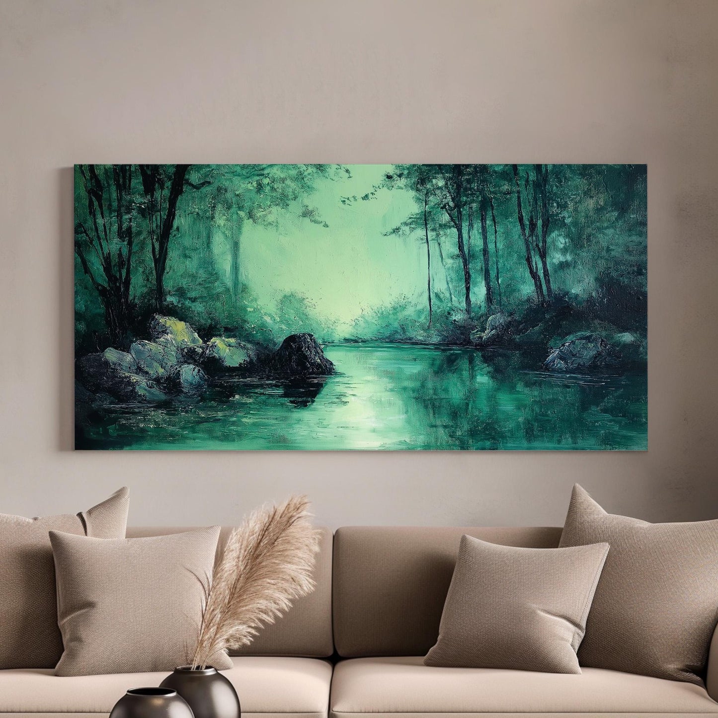 Emerald Forest Canvas Wall Art For Living Room, Landscape Pond Landscape Canvas Print, Rustic Country Large Canvas Art