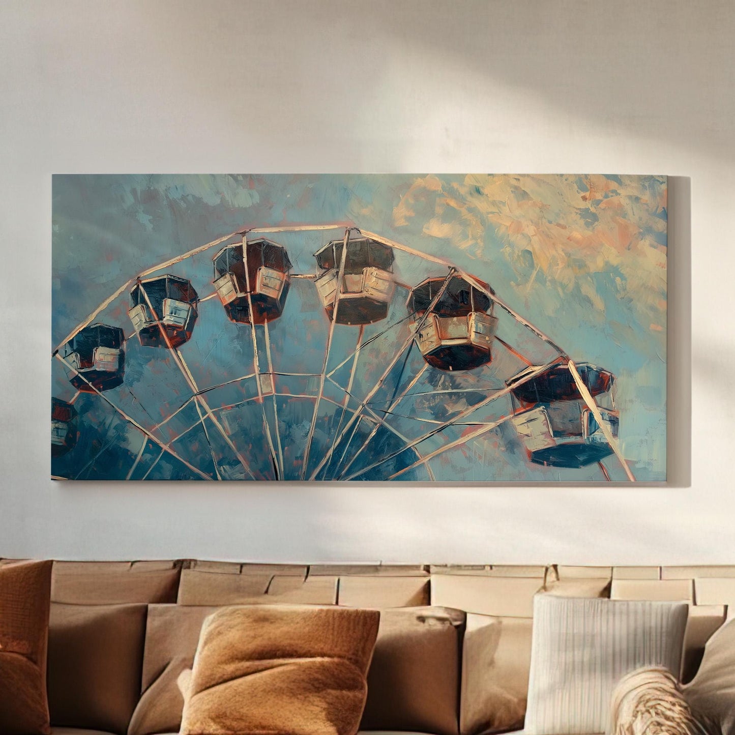 Ferris Wheel At Dusk Canvas Wall Art For Living Room, Landscape Amusement Park Canvas Print, Rustic Americana Large Canvas Art