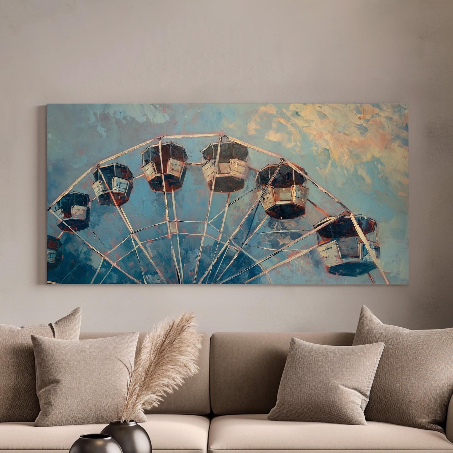 Ferris Wheel At Dusk Canvas Wall Art For Living Room, Landscape Amusement Park Canvas Print, Rustic Americana Large Canvas Art