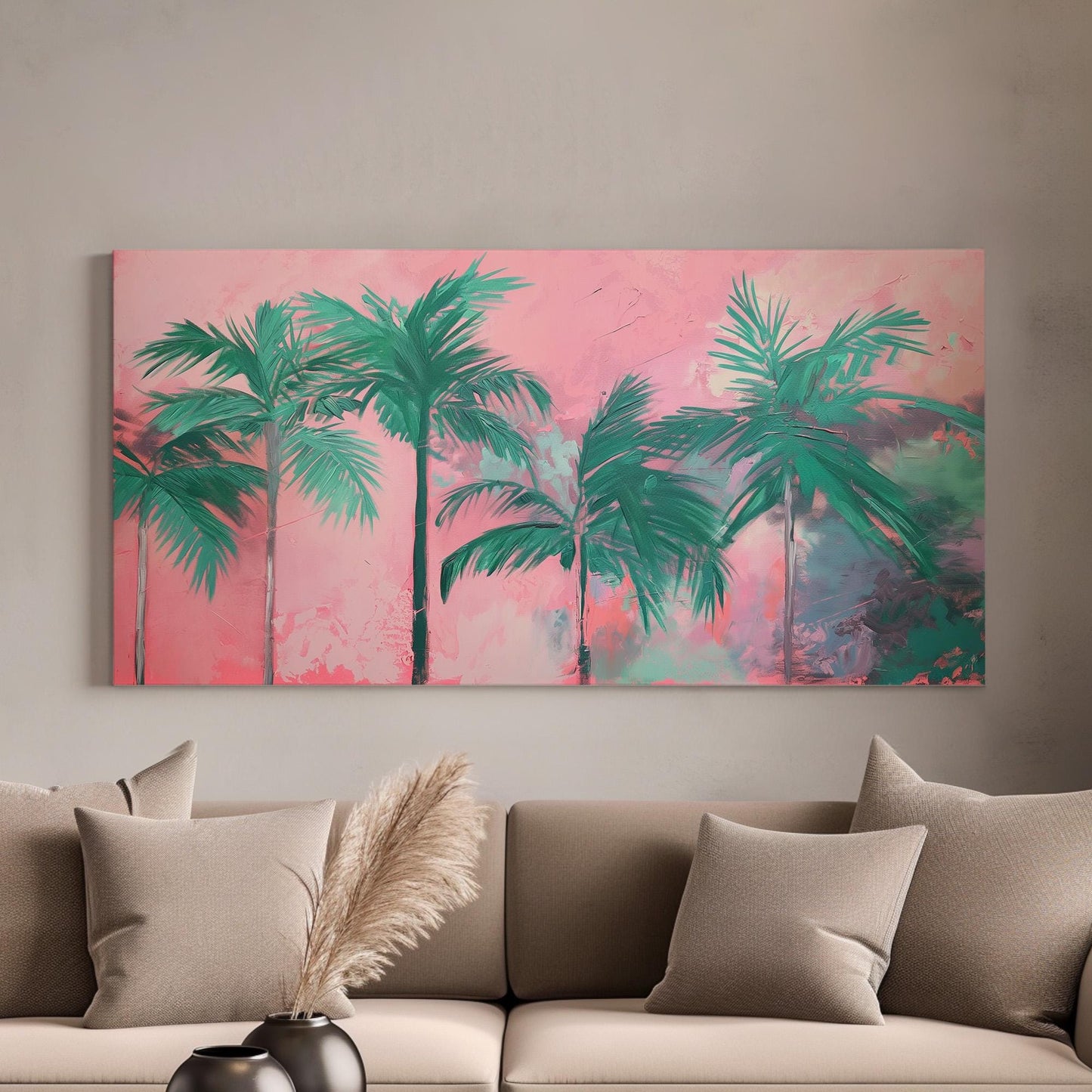 Florida Palm Tree in Pink Storm Canvas Wall Art For Living Room, Landscape Tropical Canvas Print, Summer Large Canvas Art