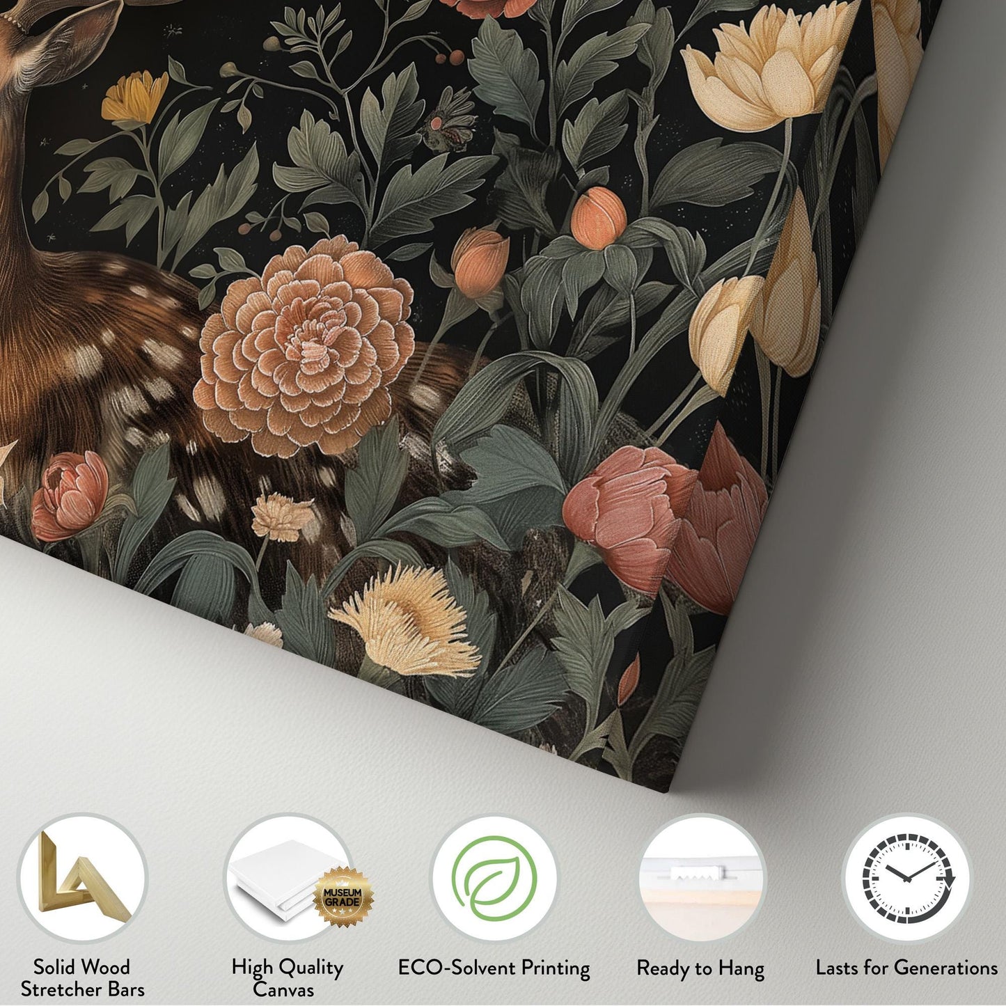 Flowers Around a Deer Canvas Wall Art For Living Room, Landscape Floral Canvas Print, Antlers Large Canvas Art