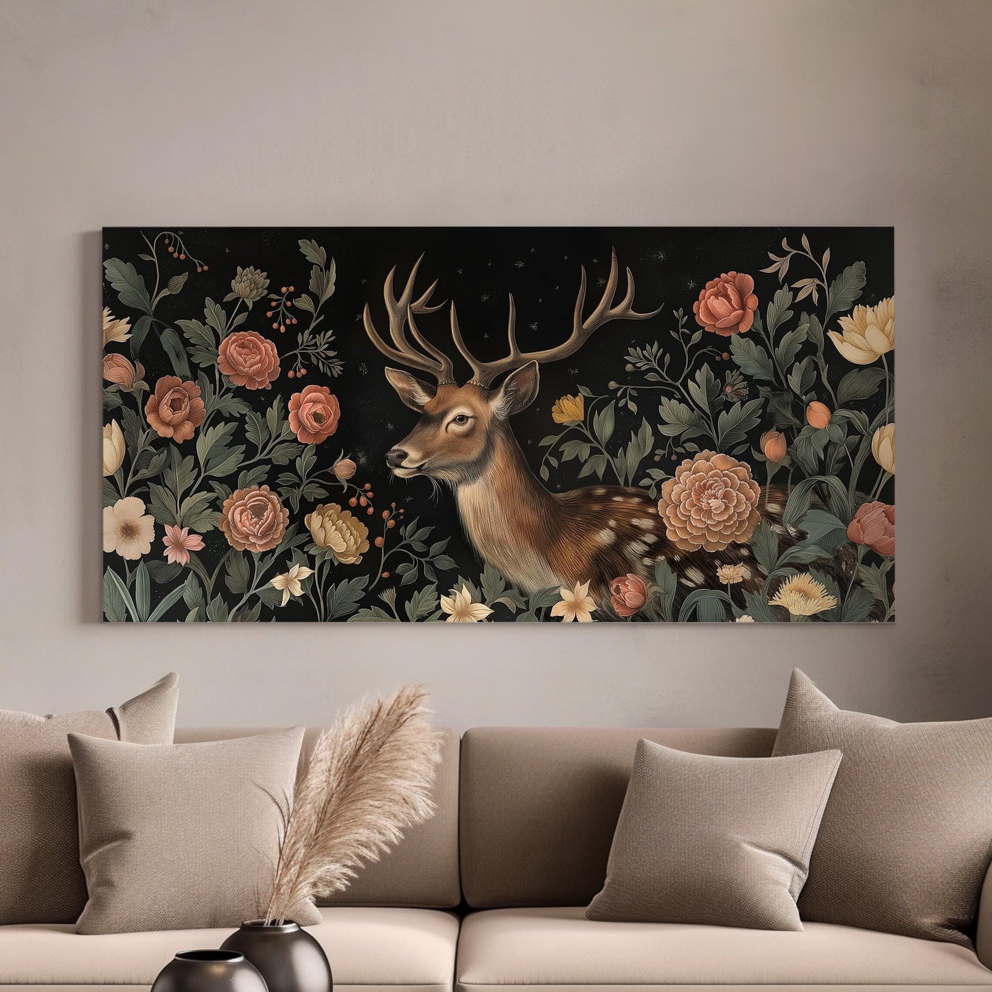 Flowers Around a Deer Canvas Wall Art For Living Room, Landscape Floral Canvas Print, Antlers Large Canvas Art