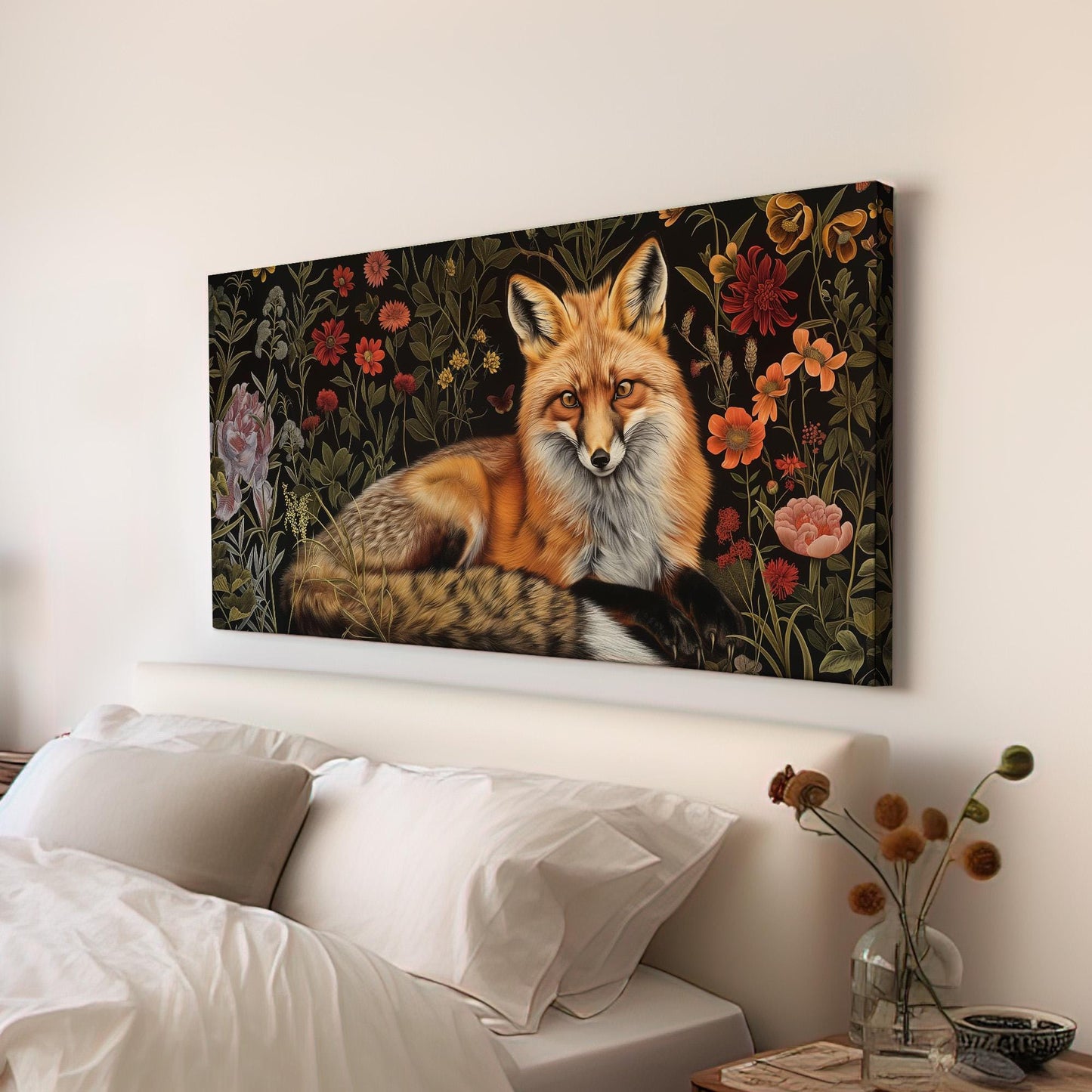Fox In The Forest Canvas Wall Art For Living Room, Landscape Colorful Flowers Canvas Print, Renaissance Large Canvas Art