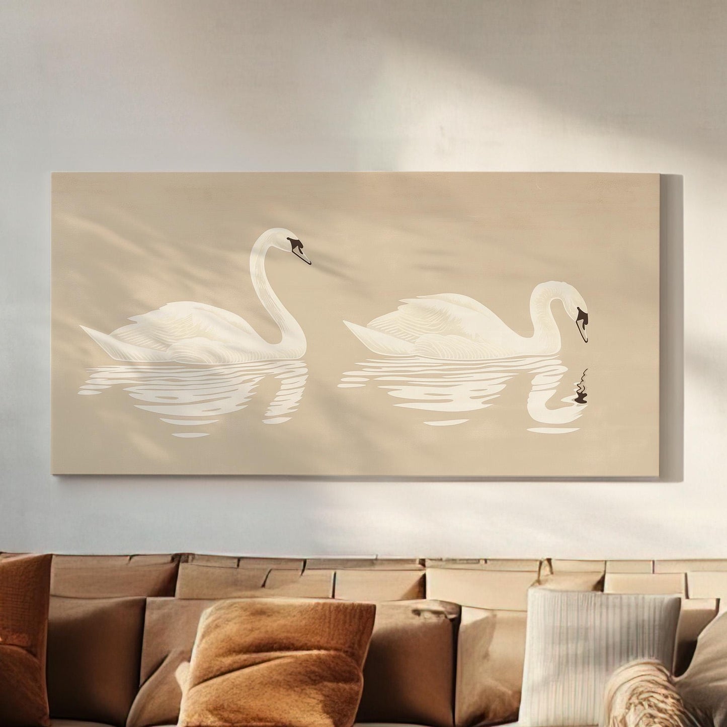 Swan Couple Canvas Wall Art For Living Room, Landscape Farmhouse Canvas Print, Antique Large Canvas Art