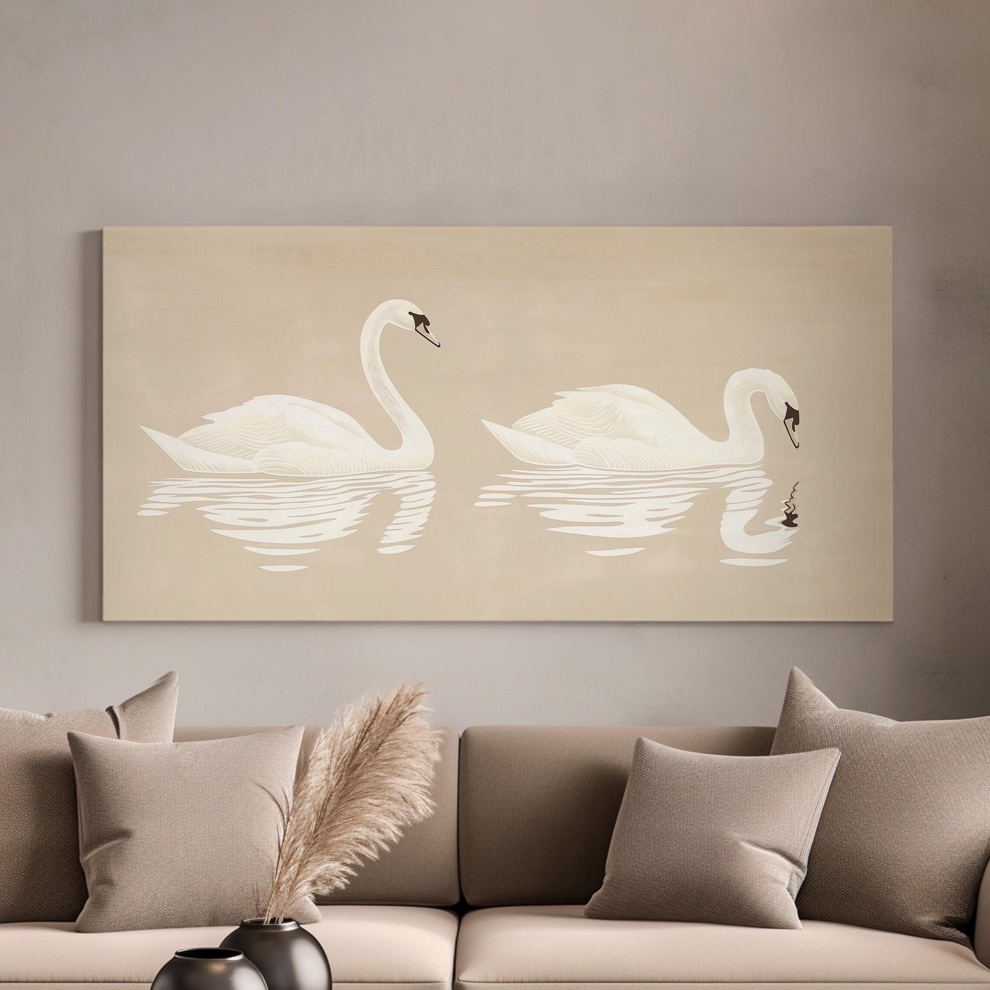 Swan Couple Canvas Wall Art For Living Room, Landscape Farmhouse Canvas Print, Antique Large Canvas Art