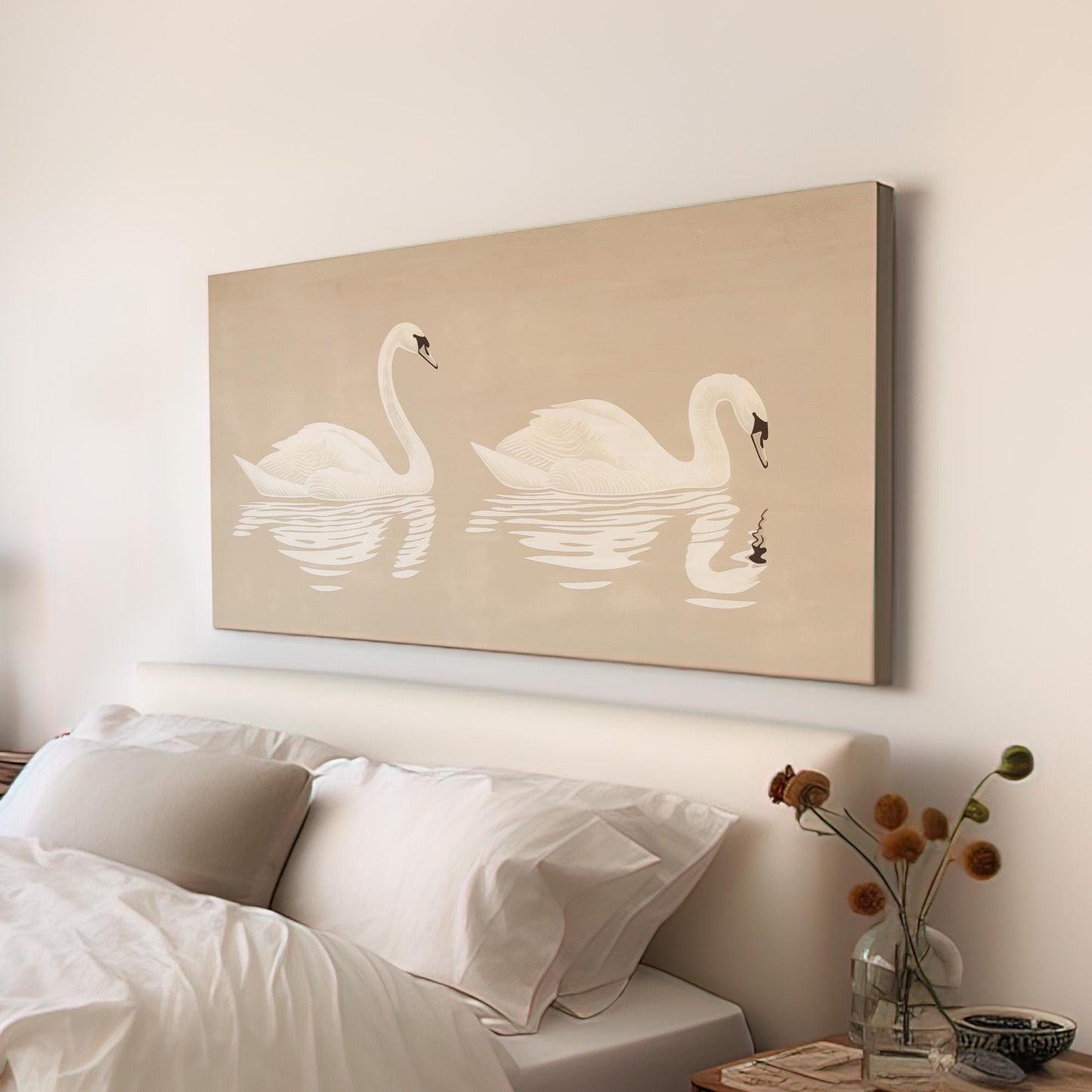 Swan Couple Canvas Wall Art For Living Room, Landscape Farmhouse Canvas Print, Antique Large Canvas Art