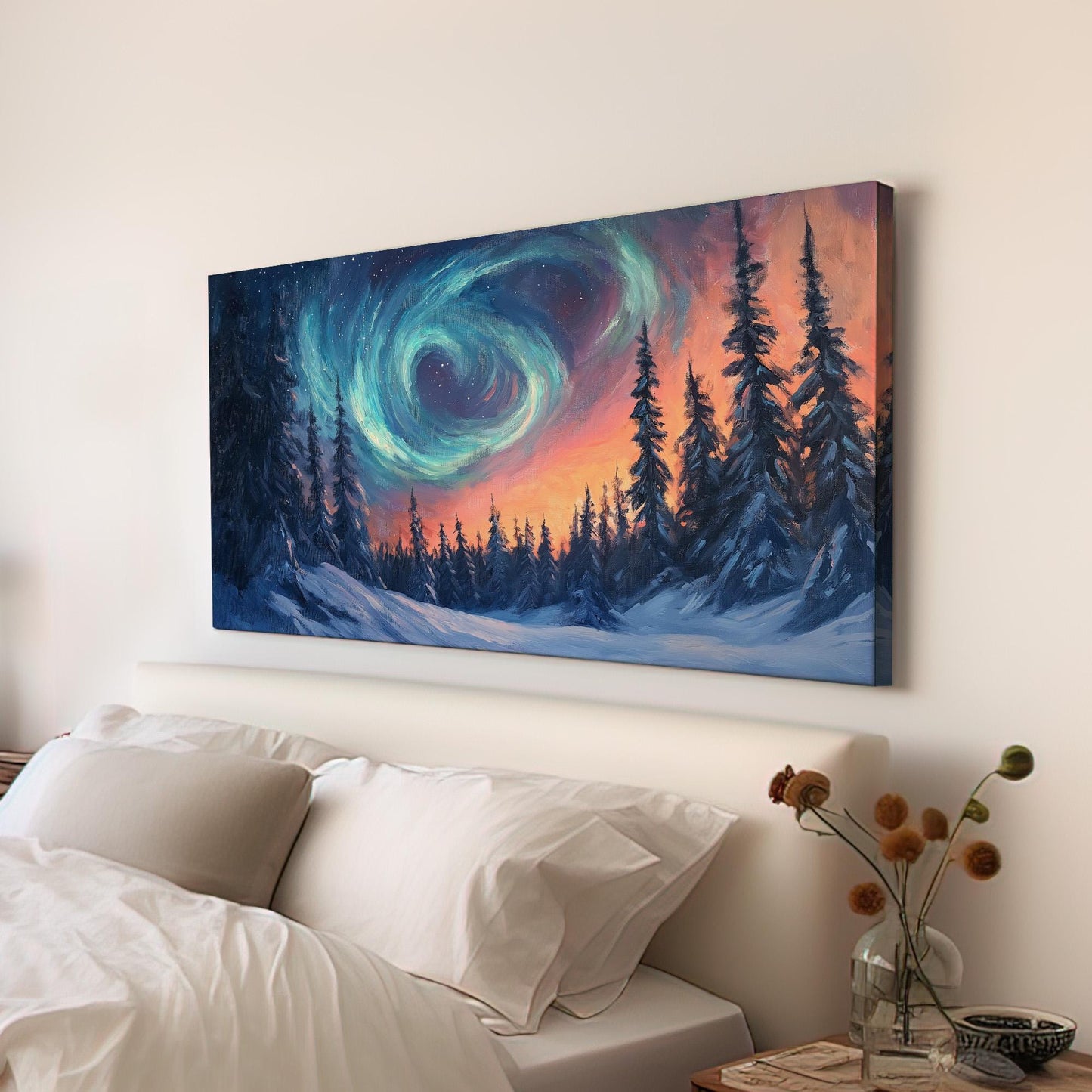 Swirling Colorful Sky Canvas Wall Art For Living Room, Landscape Starry Sky Canvas Print, Aurora Borealis Large Canvas Art