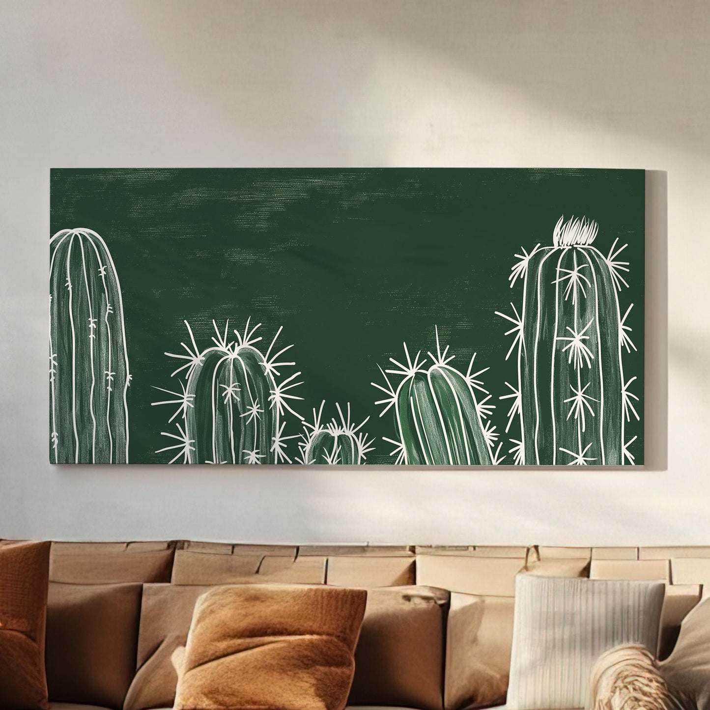 Vintage Green Cactus Canvas Wall Art For Living Room, Landscape Southwestern Canvas Print, Cacti Large Canvas Art