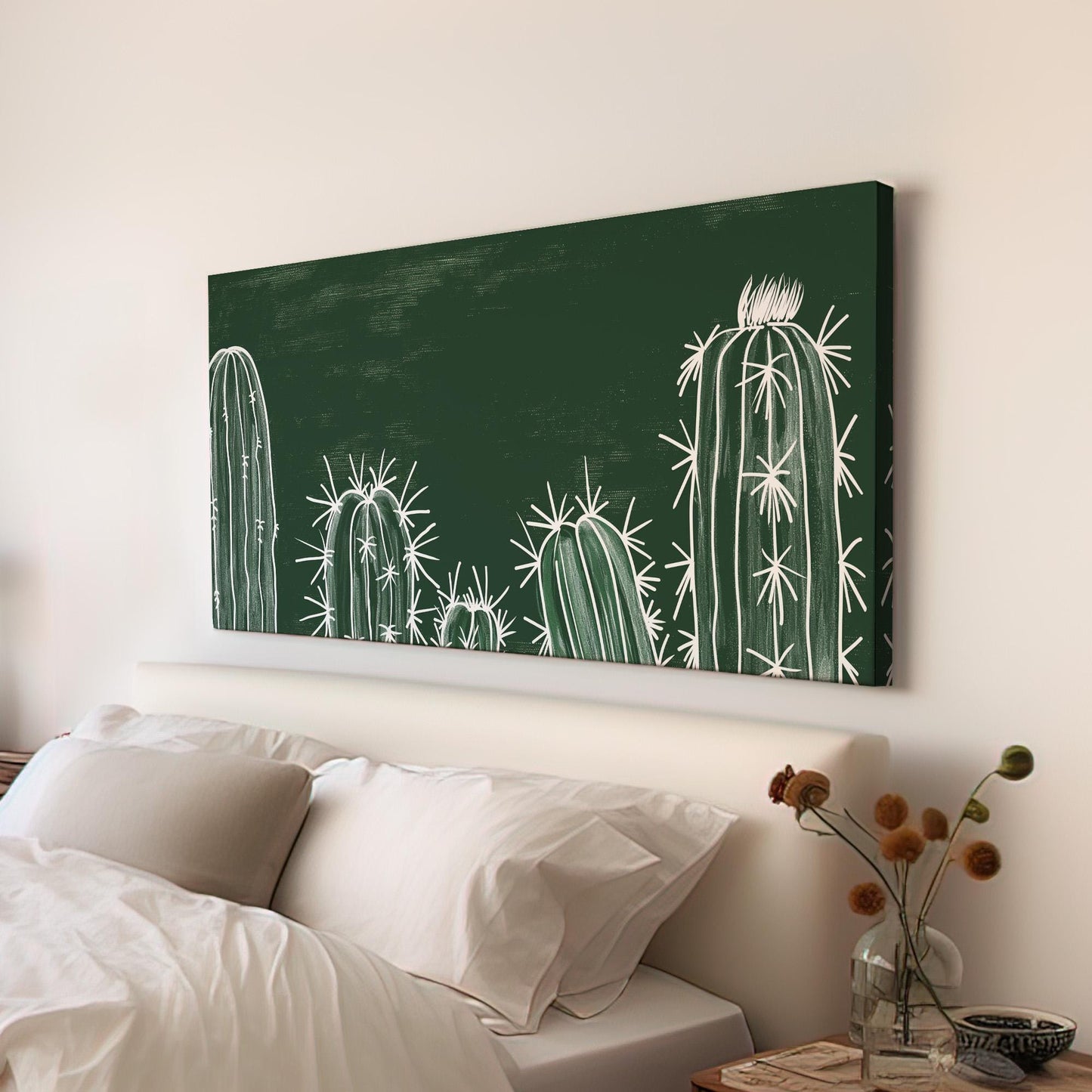 Vintage Green Cactus Canvas Wall Art For Living Room, Landscape Southwestern Canvas Print, Cacti Large Canvas Art