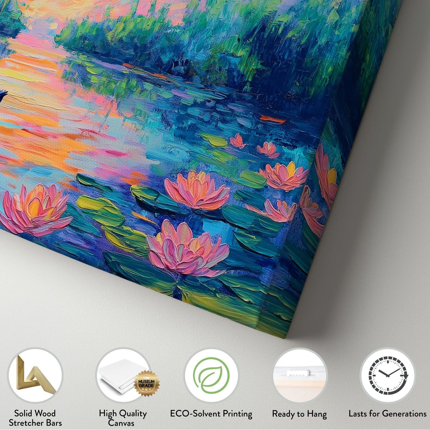 Beautiful Colors at the Lotus Lake Canvas Wall Art For Bedroom, Landscape Quiet Pond Canvas Print, Tranquil Large Canvas Art
